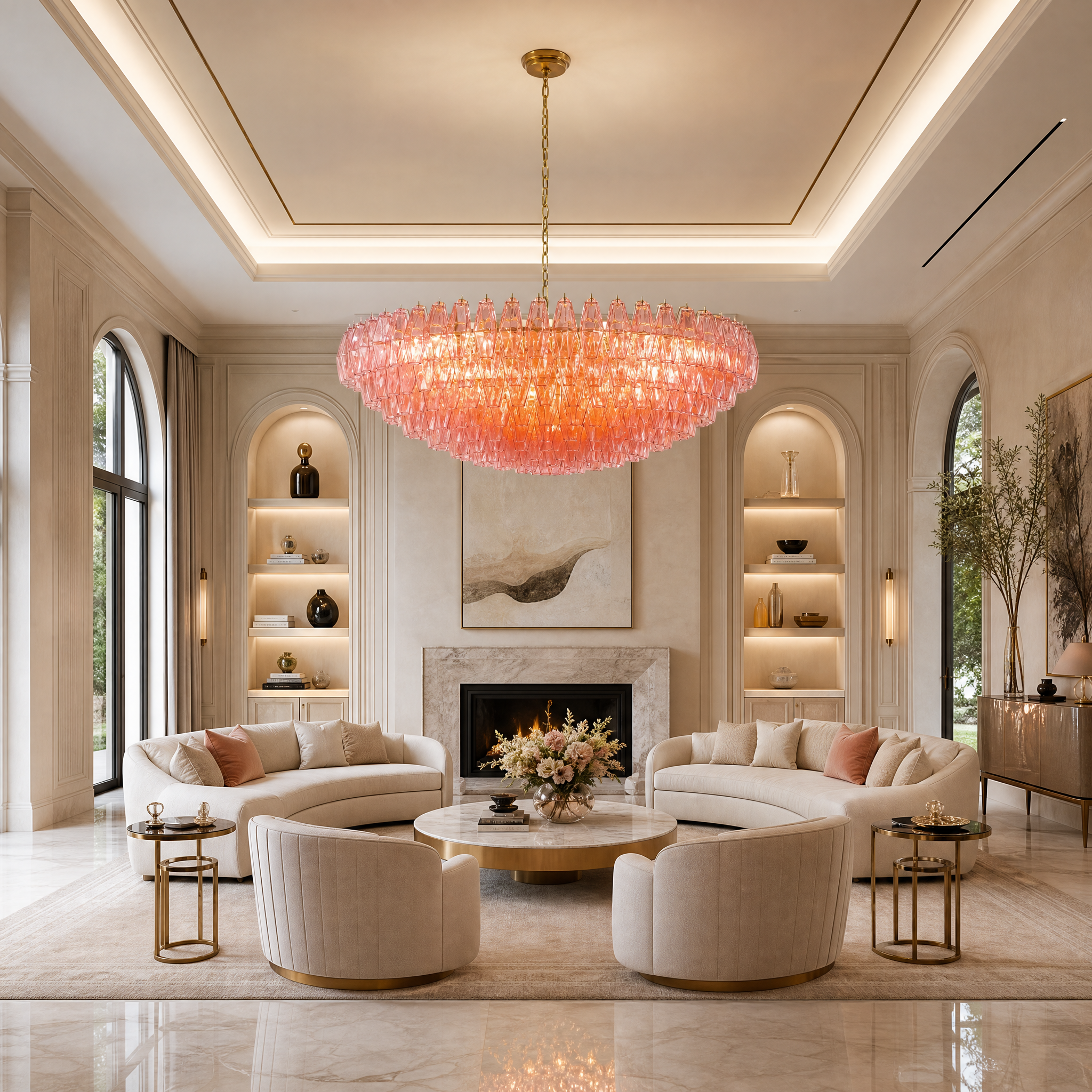 Sorrentino pink glass circular chandelier installed in a high-end residential living room with brass accents.