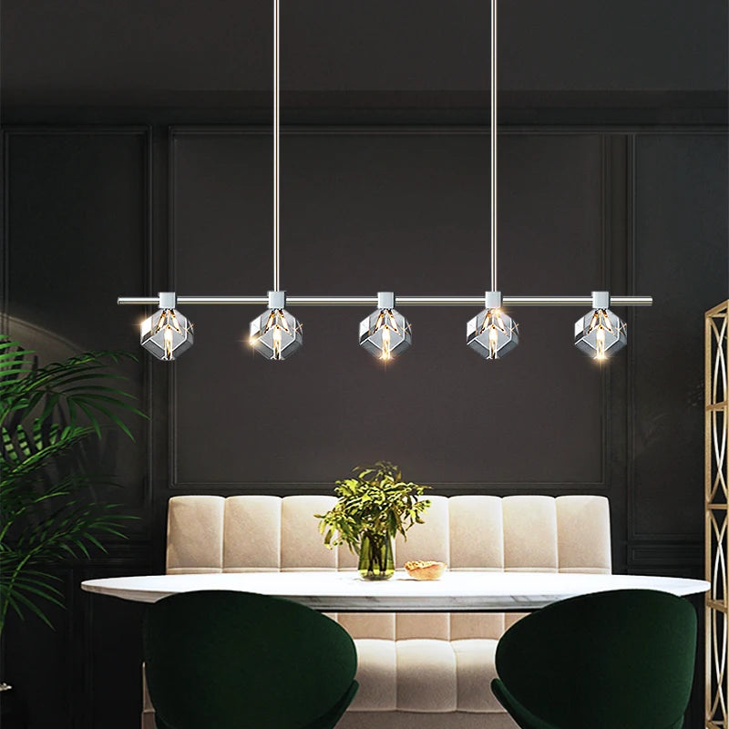 Sorrento luxury rectangular chandelier showcasing suspended faceted crystal cube pendants
