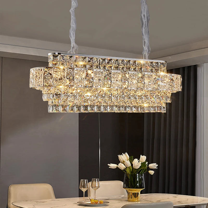 Stefano modern rectangular chandelier showcasing layered diamond cut square crystal tiers