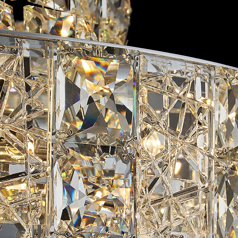 Close up of diamond cut square crystal structure on Stefano rectangular chandelier