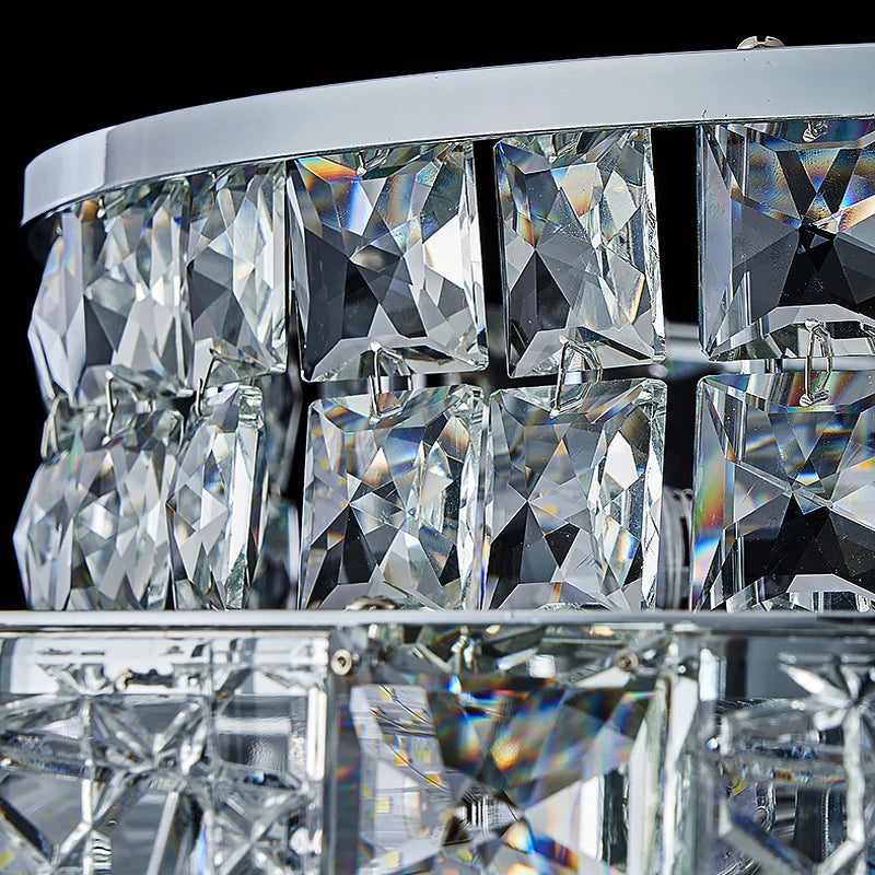 Detailed view of multi tier square diamond cut crystals forming Stefano rectangular chandelier