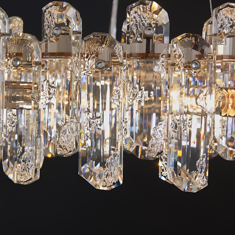 Close up of oblong textured crystal rods forming Stellina rectangular chandelier
