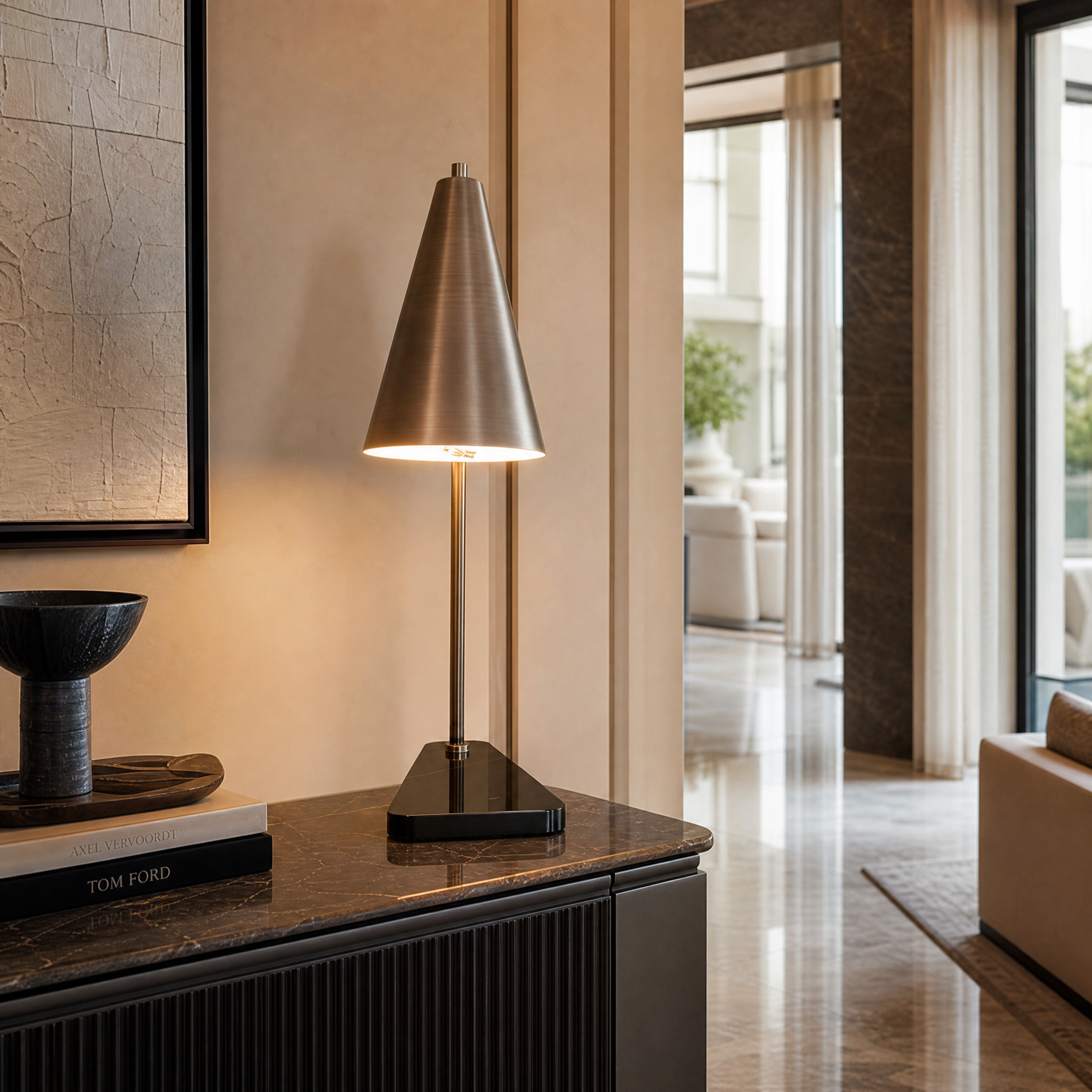The VORELLI Strava gunmetal table lamp with a solid marble base illuminating a sleek modern home office desk setup.