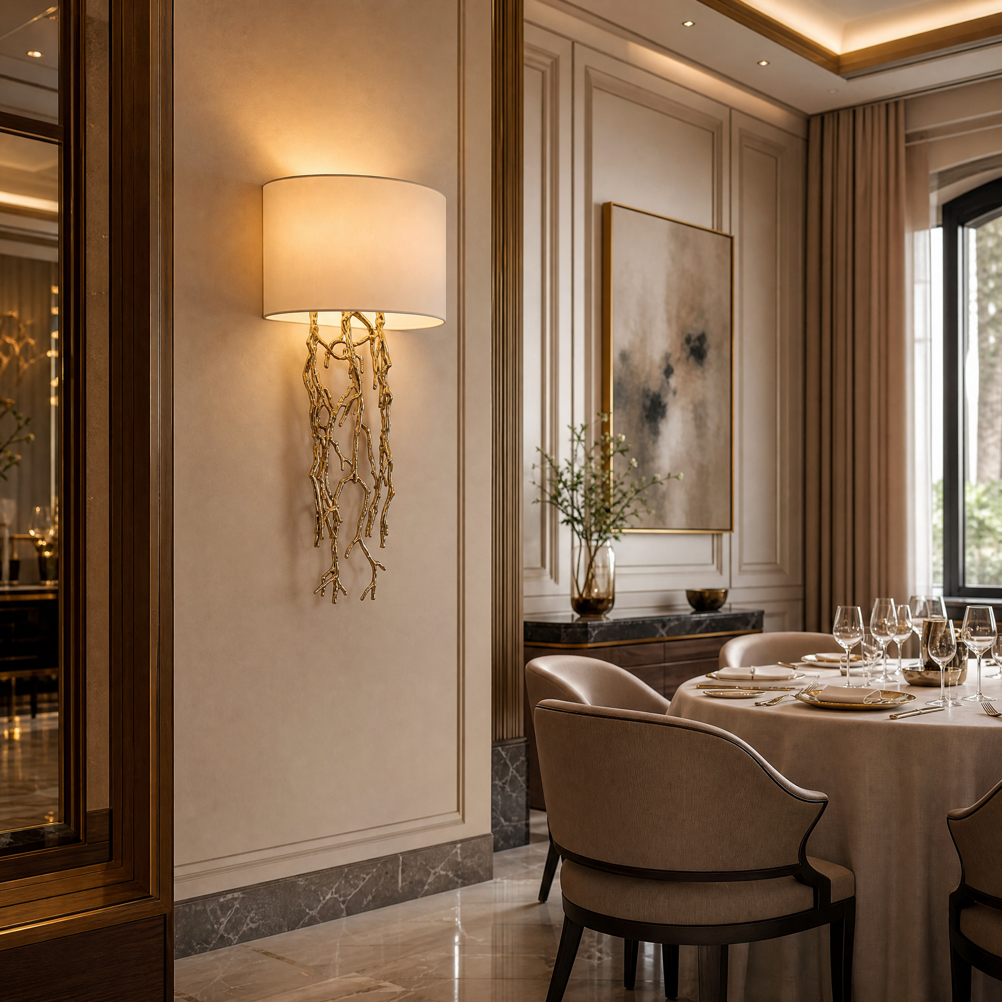 Elegant Sylvaine wall sconce by VORELLI casting a warm glow in a sophisticated boutique hotel hallway, showcasing a blend of nature and luxury design.