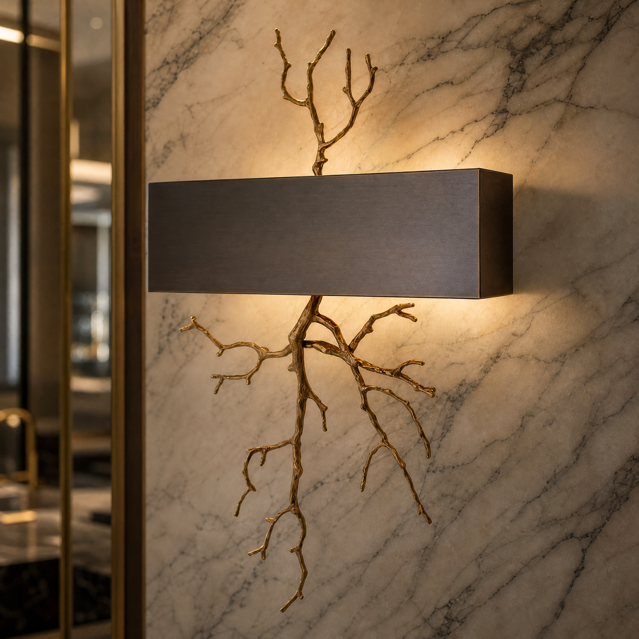 Close up of the intricate sculptural brass branch detailing and sleek bronze-toned shade on the Sylvara wall lamp.