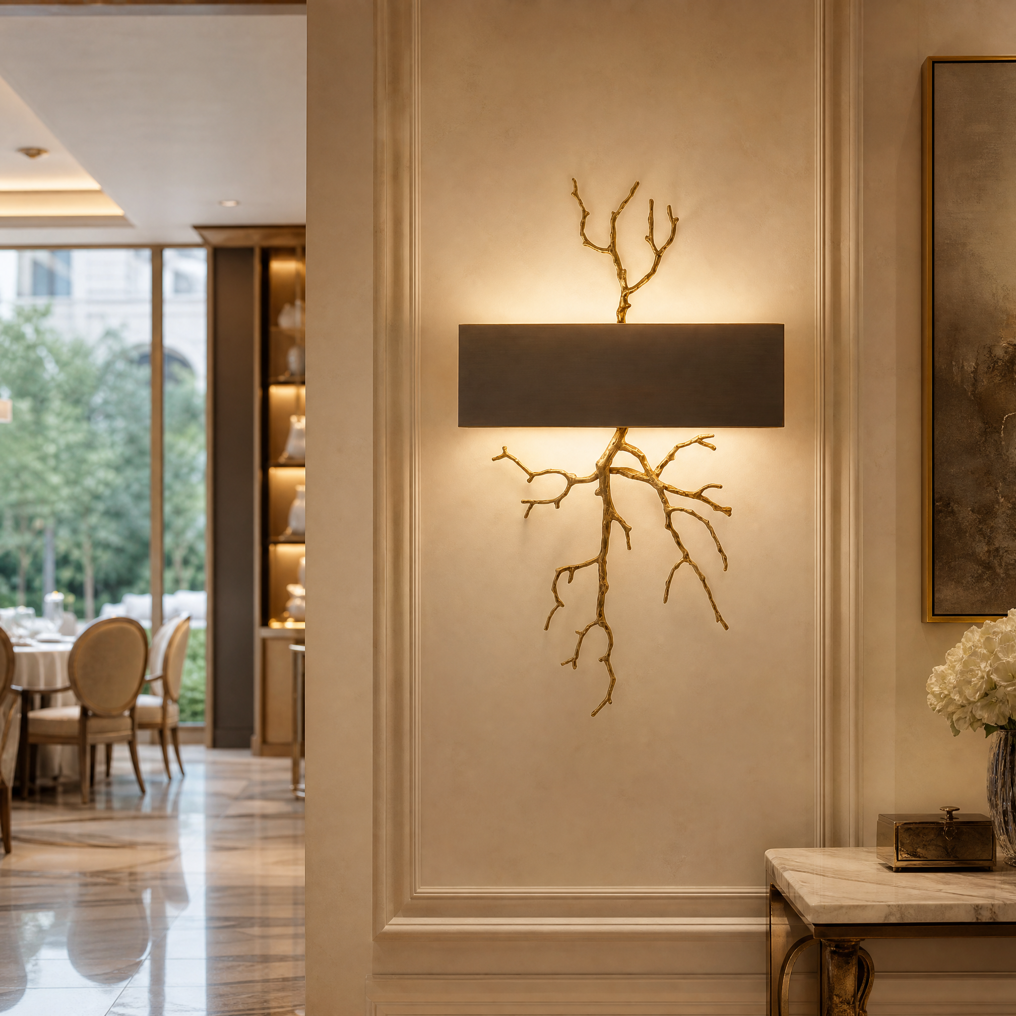 Sophisticated Sylvara wall light featuring organic brass branches in a luxury boutique hotel hallway.