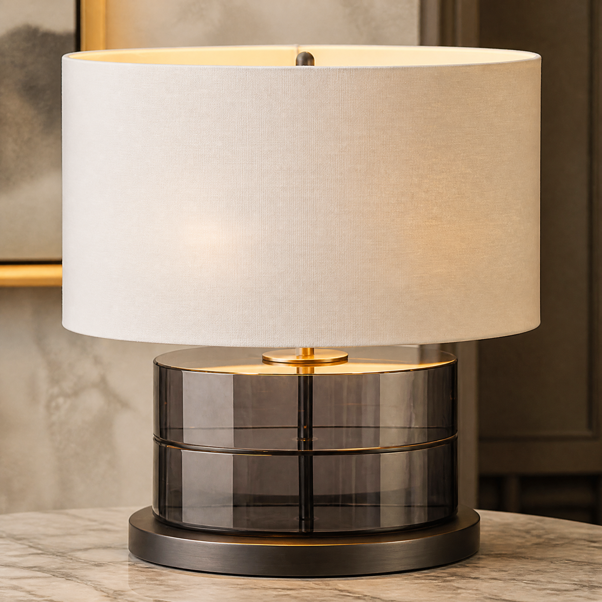 Close-up detail of the VORELLI Tarnell table lamp showing the bold gunmetal finish and intricate textured smoke crystal elements.