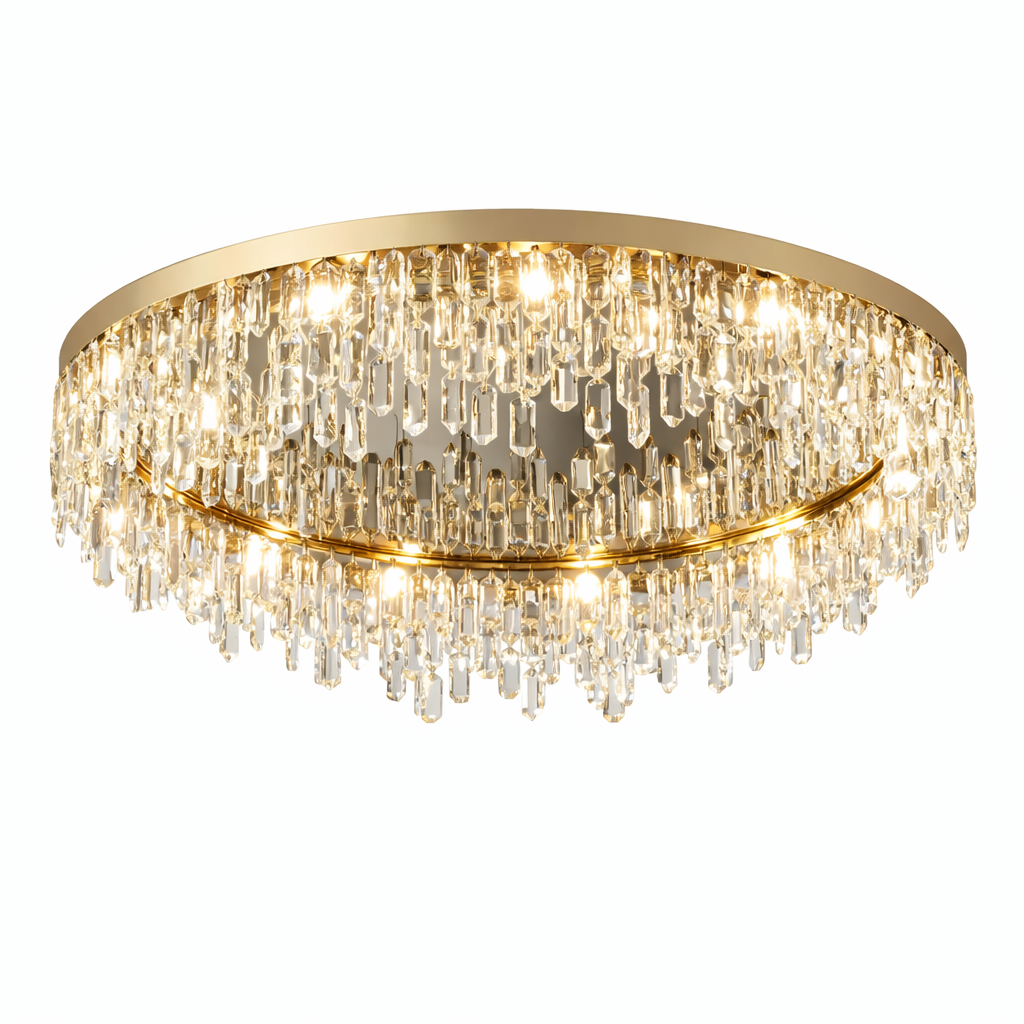 The artistic, ice-inspired silhouette of the VORELLI Abruzzi crystal ceiling light casting a captivating glow across a room.