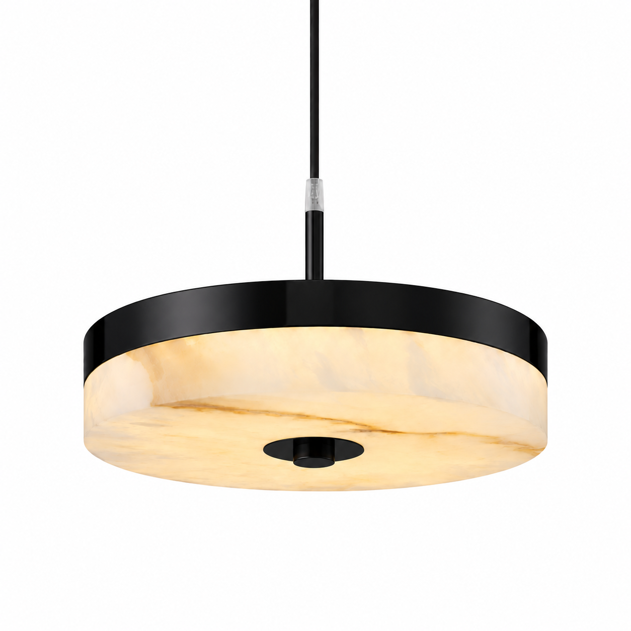 The Athena marble and gold pendant light hung gracefully, showcasing its timeless design and luxury craftsmanship for high-end decor.