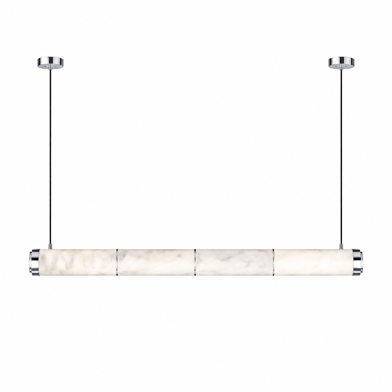 The Atlas Marble Rectangular Chandelier illuminating a luxury kitchen island, blending contemporary style with functional, warm atmospheric light.