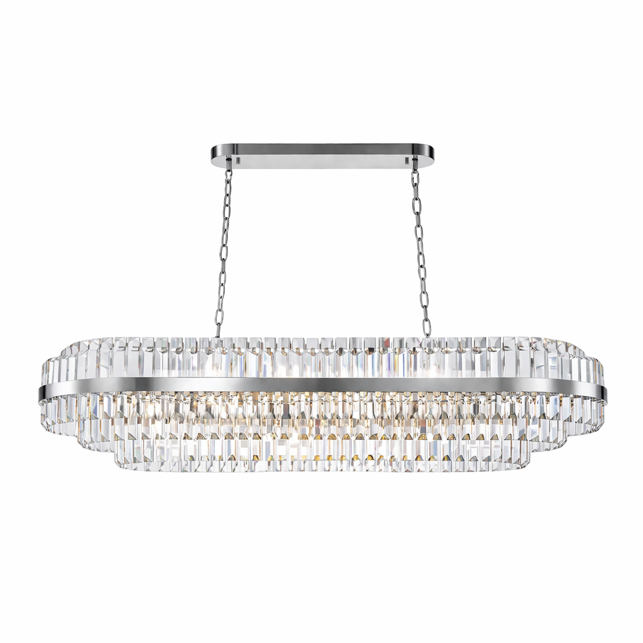 The Belair Rectangular Chandelier by VORELLI casting a soft ambient glow over an elegant dining room table, highlighting its multi-tier diamond cut crystal bars.