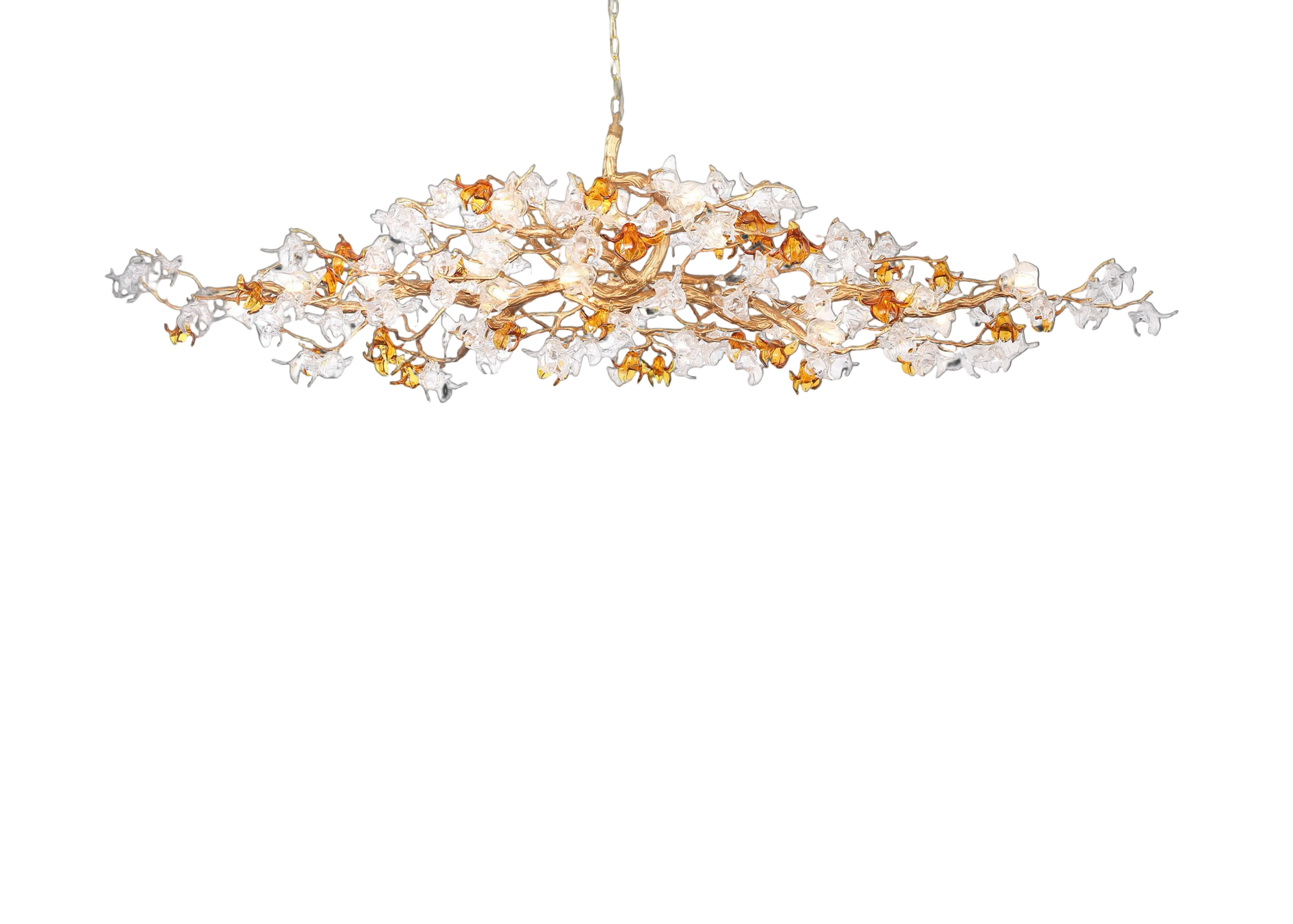 The Bloom rectangular chandelier showing the branching form and elegant light diffusion