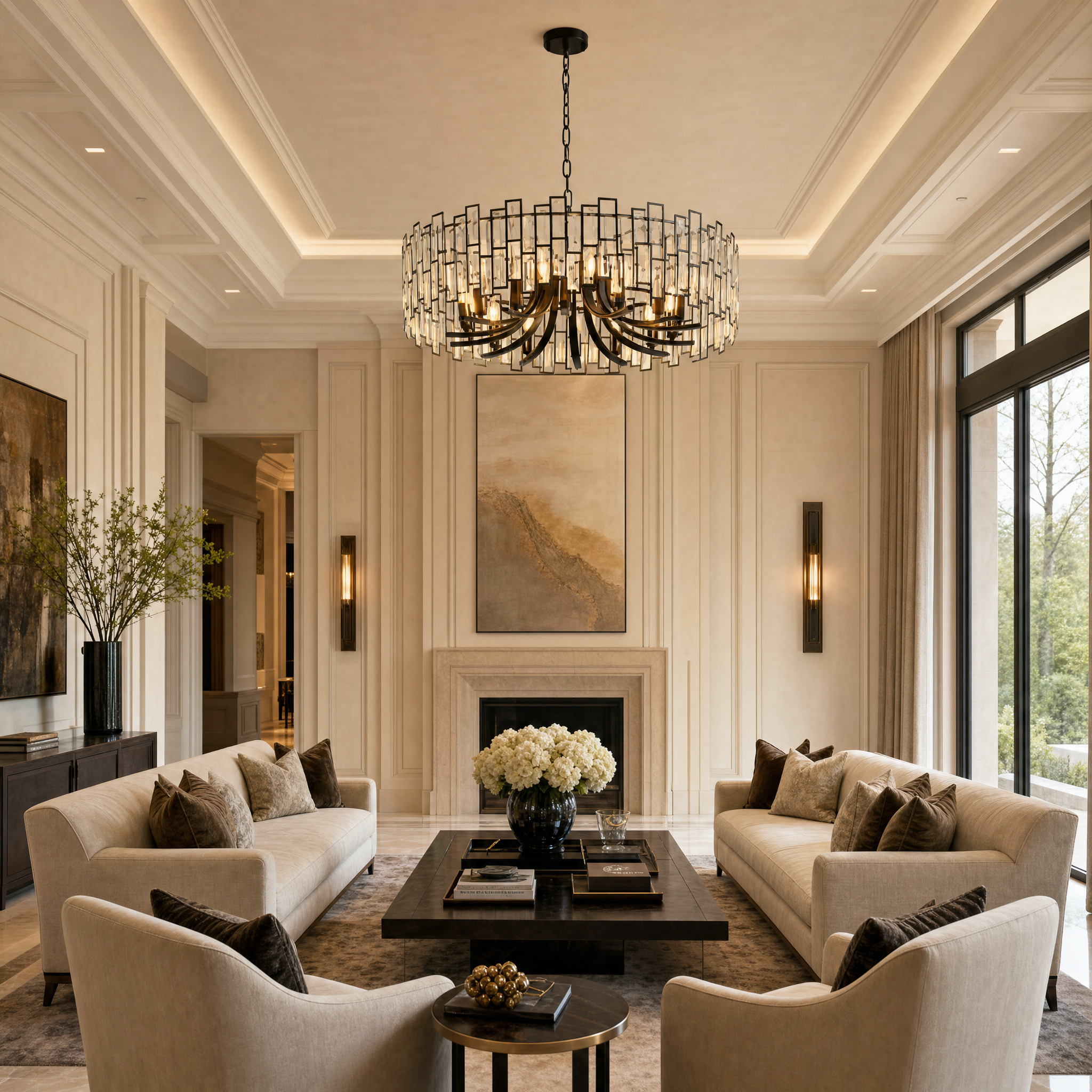 The contemporary VORELLI Presidio Circular Chandelier II creating a luxurious, moody ambiance with its glowing geometric crystal arrangement.