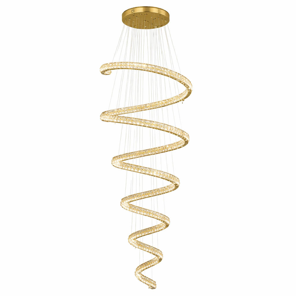The grand Lawrie spiral chandelier by VORELLI creating a sophisticated, ambient glow that emphasizes its cascading architectural silhouette.