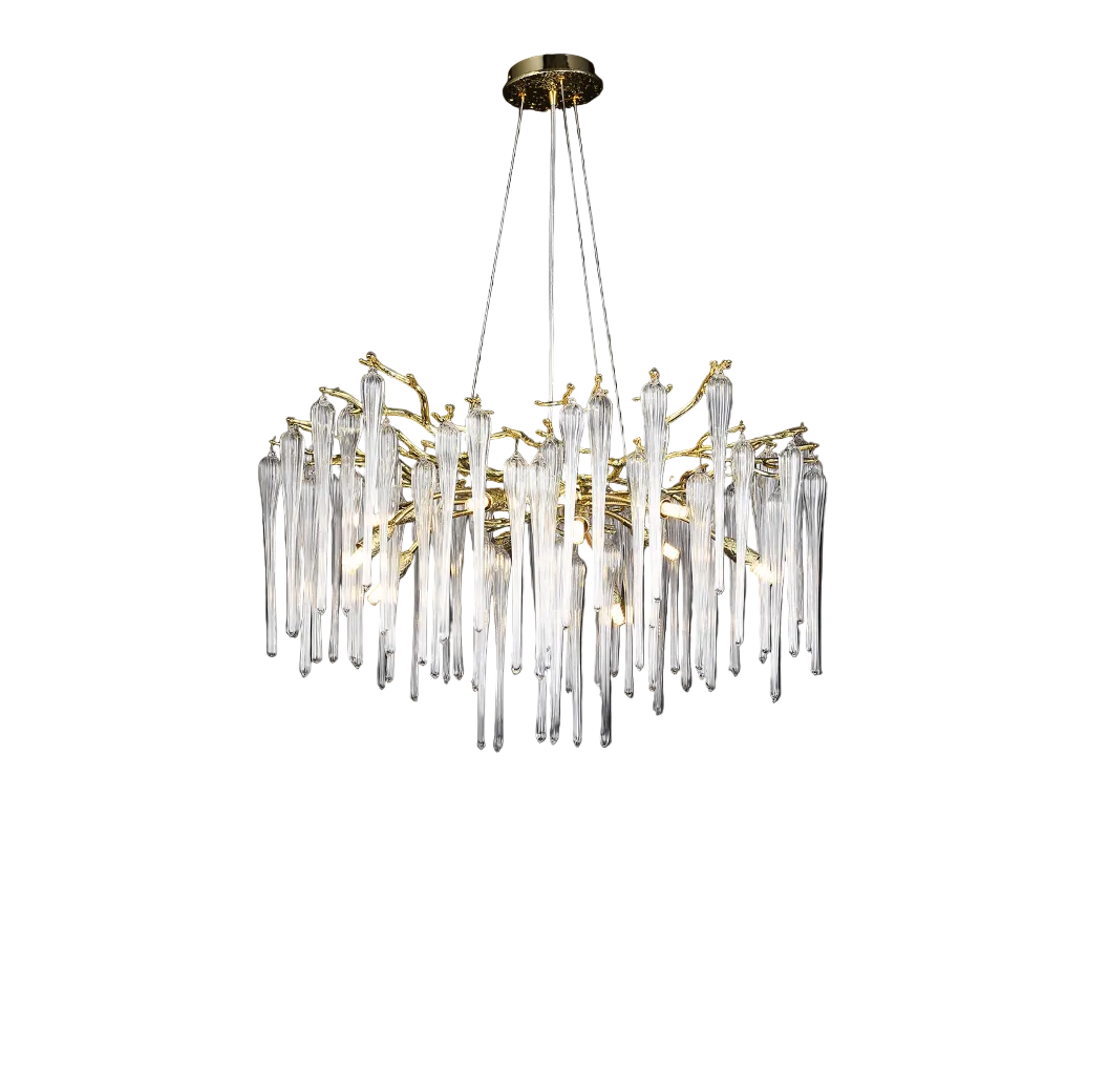 The Icicle Circular Chandelier illuminated in a dark, atmospheric room highlighting its branching silhouette.