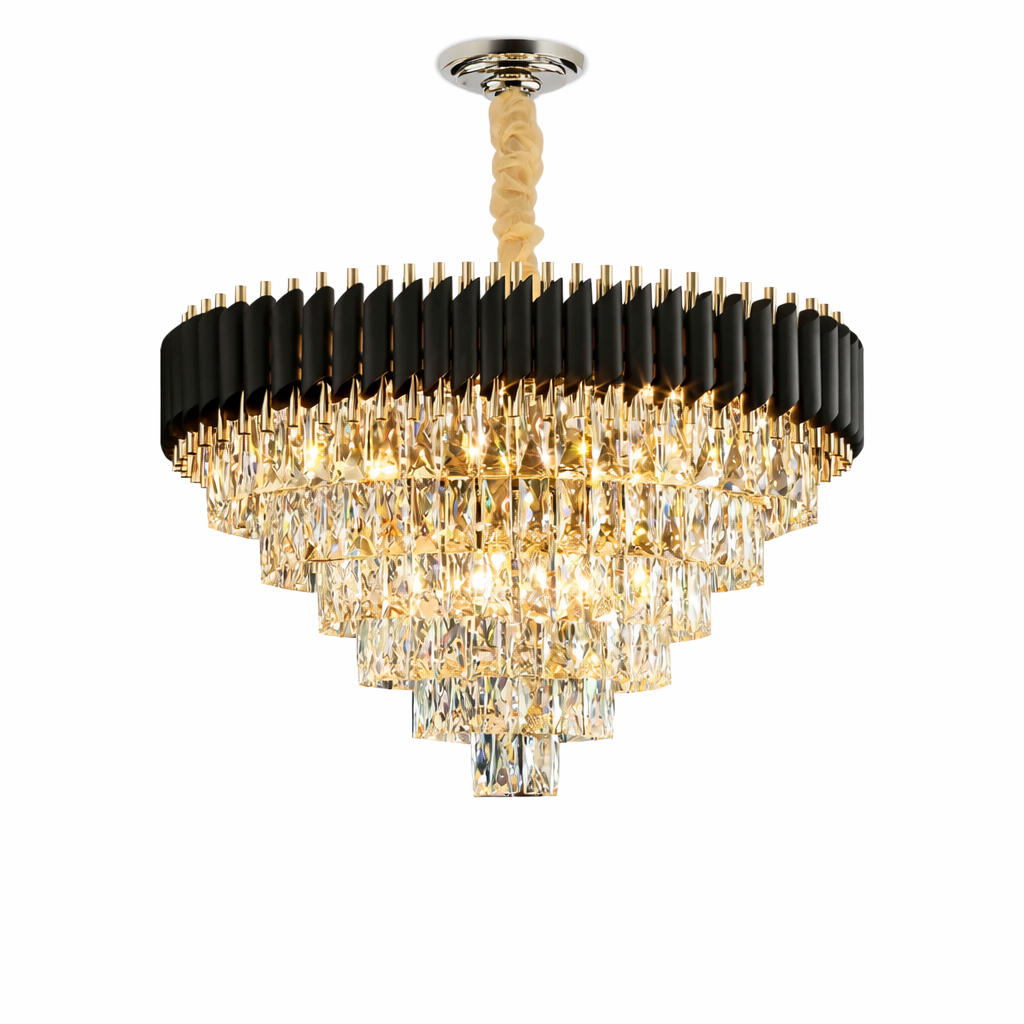 The intricate modern elegance of the VORELLI Milltimber circular chandelier casting a warm, radiant glow.