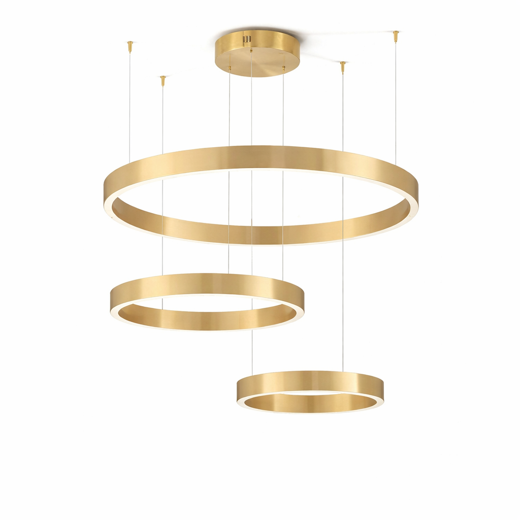 The Jobson Trio chandelier rings layered at varying heights to create sculptural depth