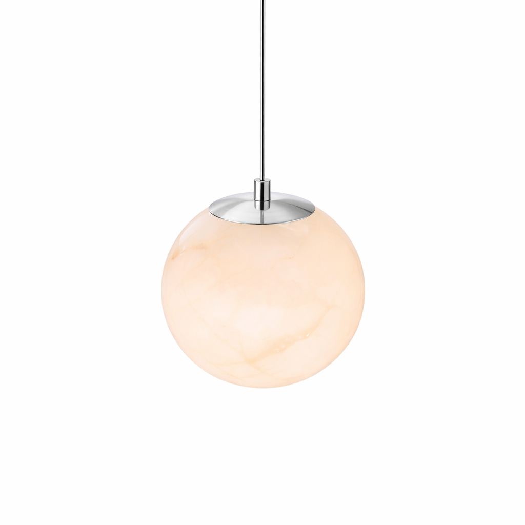 The Jupiter marble globe pendant light glowing with a soft, diffused light, highlighting the unique natural stone patterns.