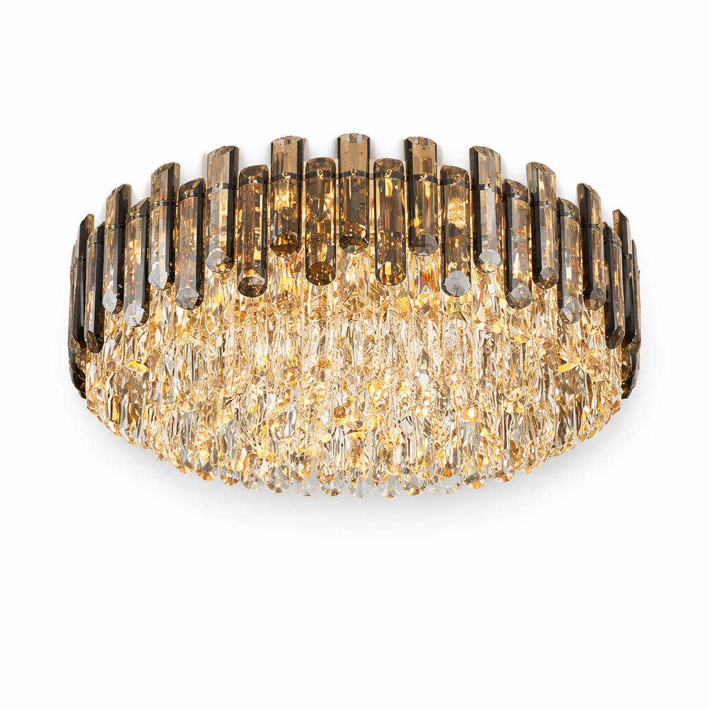 The Lugano ceiling light viewed from below, highlighting the geometric arrangement of smoky grey and clear diamond-cut crystals.