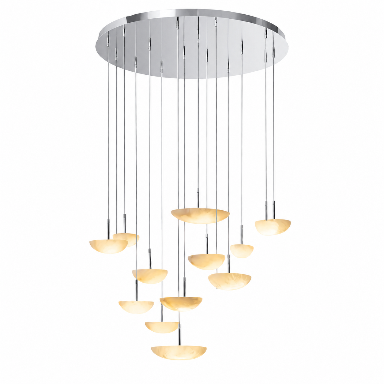 The majestic Alba Marble Pendant Staircase Chandelier fully illuminated, delivering an opulent mood and timeless elegance to a grand multi-level interior.