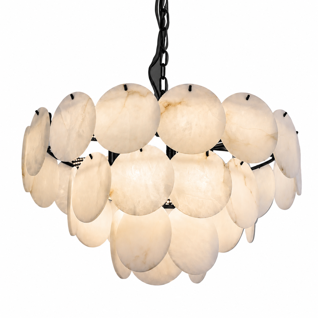 The sculptural silhouette of the VORELLI Alfonso circular marble chandelier suspended elegantly to create an inviting architectural focus.