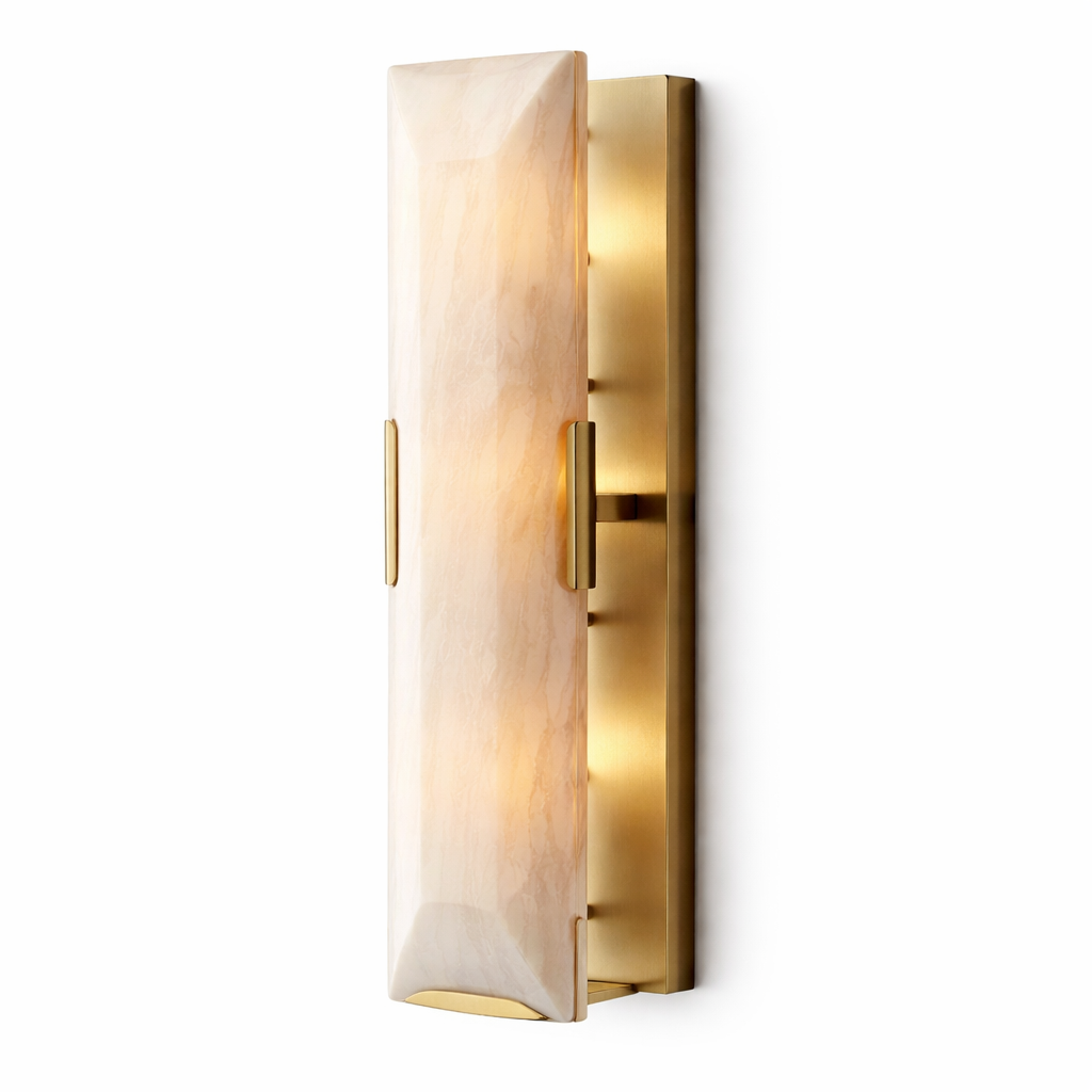 The sleek industrial framing of the Angel Marble Wall Sconces by VORELLI, creating an elegant architectural statement in a refined contemporary space.