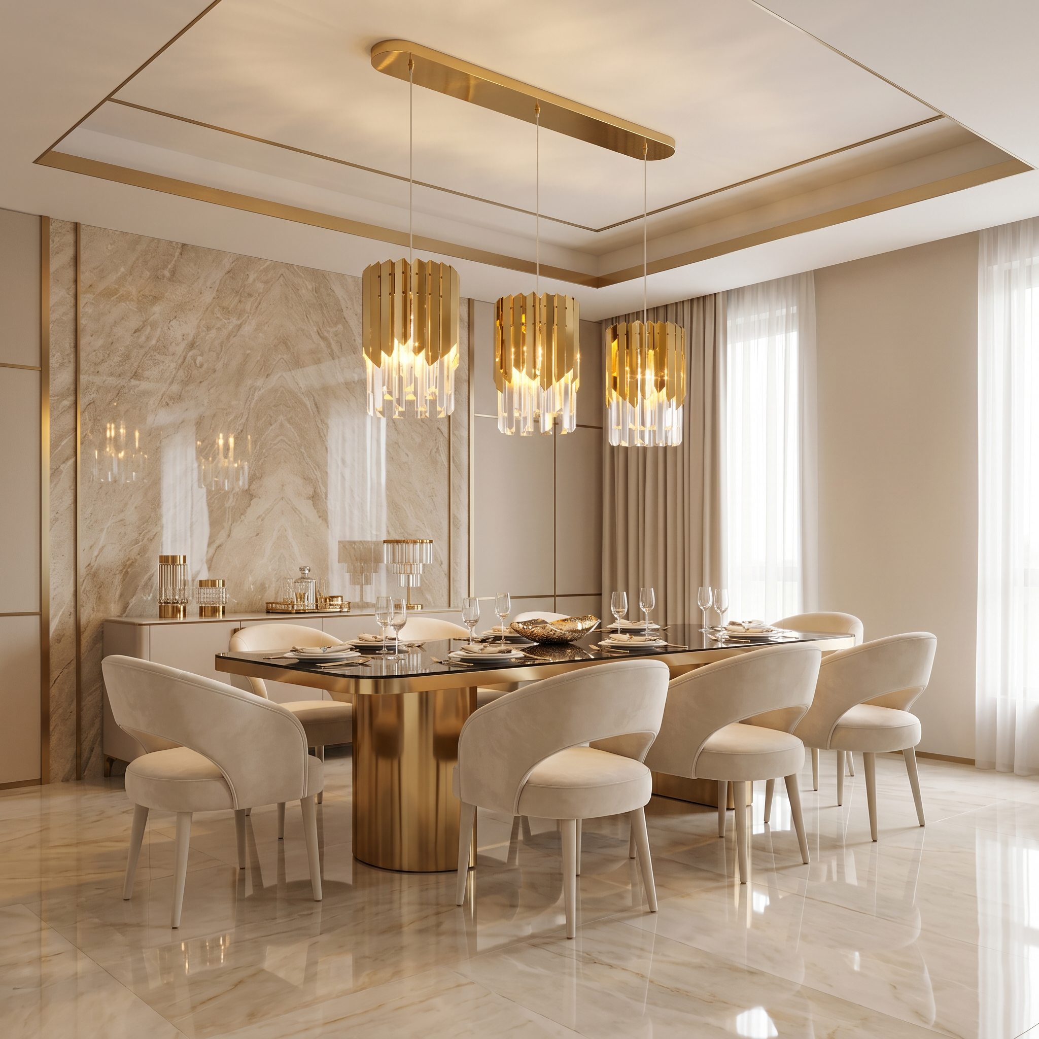 The sleek, modern silhouette of the Manhattan Rectangular Chandelier II by VORELLI, highlighting the clean lines of its iconic skyline-inspired frame.