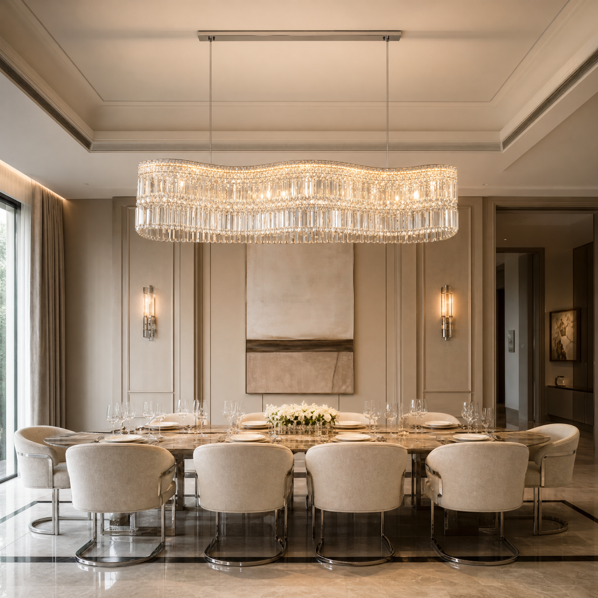 The sophisticated ambiance created by the Abruzzi Rectangular Chandelier II as it casts geometric light patterns across a luxury interior space.