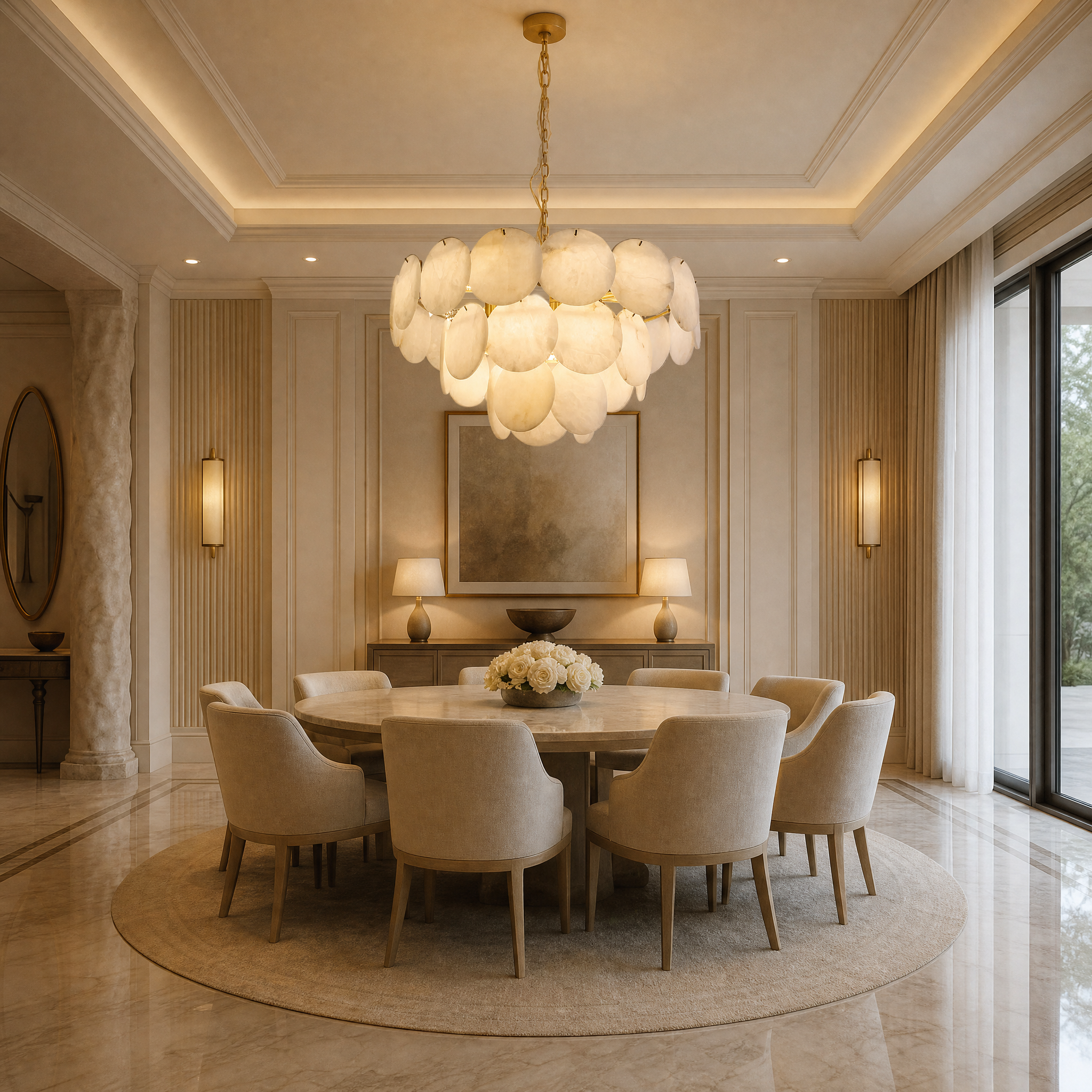 The timeless elegance of the Alfonso marble chandelier by VORELLI creating a sophisticated mood with its sculptural circular layered design.