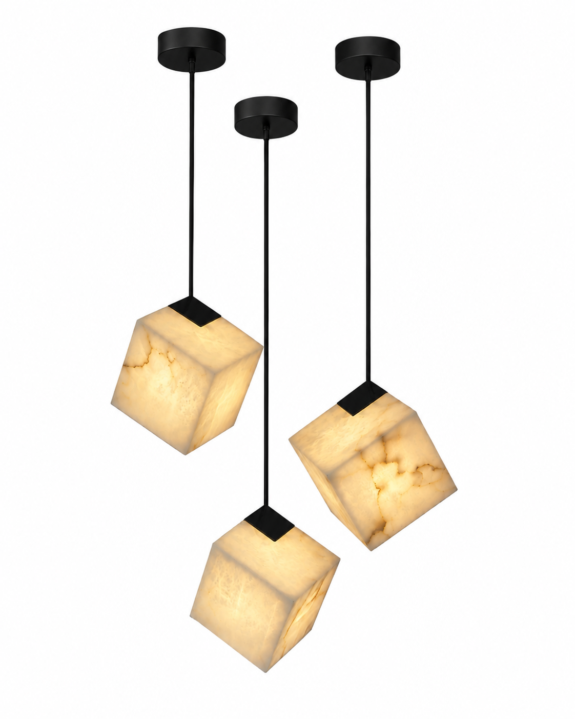 The VORELLI Cube Marble Pendant styled perfectly to create a calm, upscale ambiance in a high-end contemporary home.