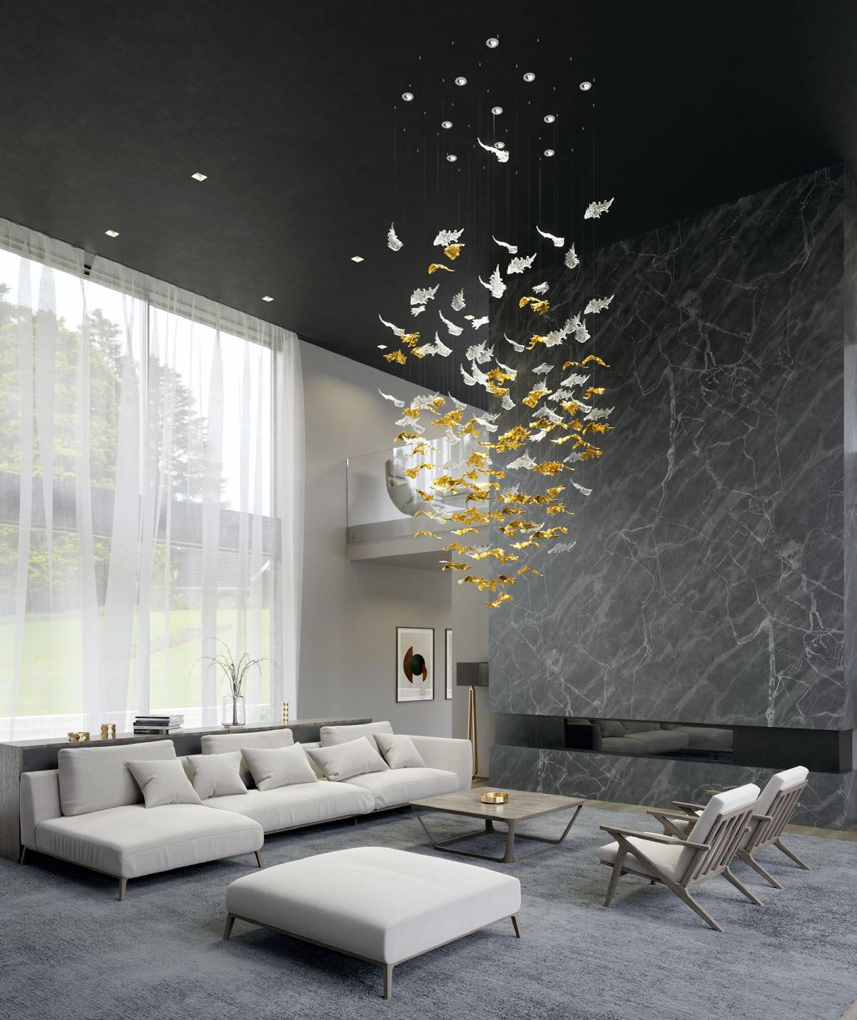 The VORELLI Ember Leaf light fixture gracefully suspended, blending contemporary design with delicate translucent glass craftsmanship.