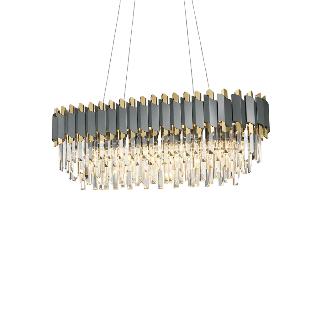 The VORELLI Richmond rectangular chandelier casting a warm, sophisticated glow, highlighting its timeless classical architecture.