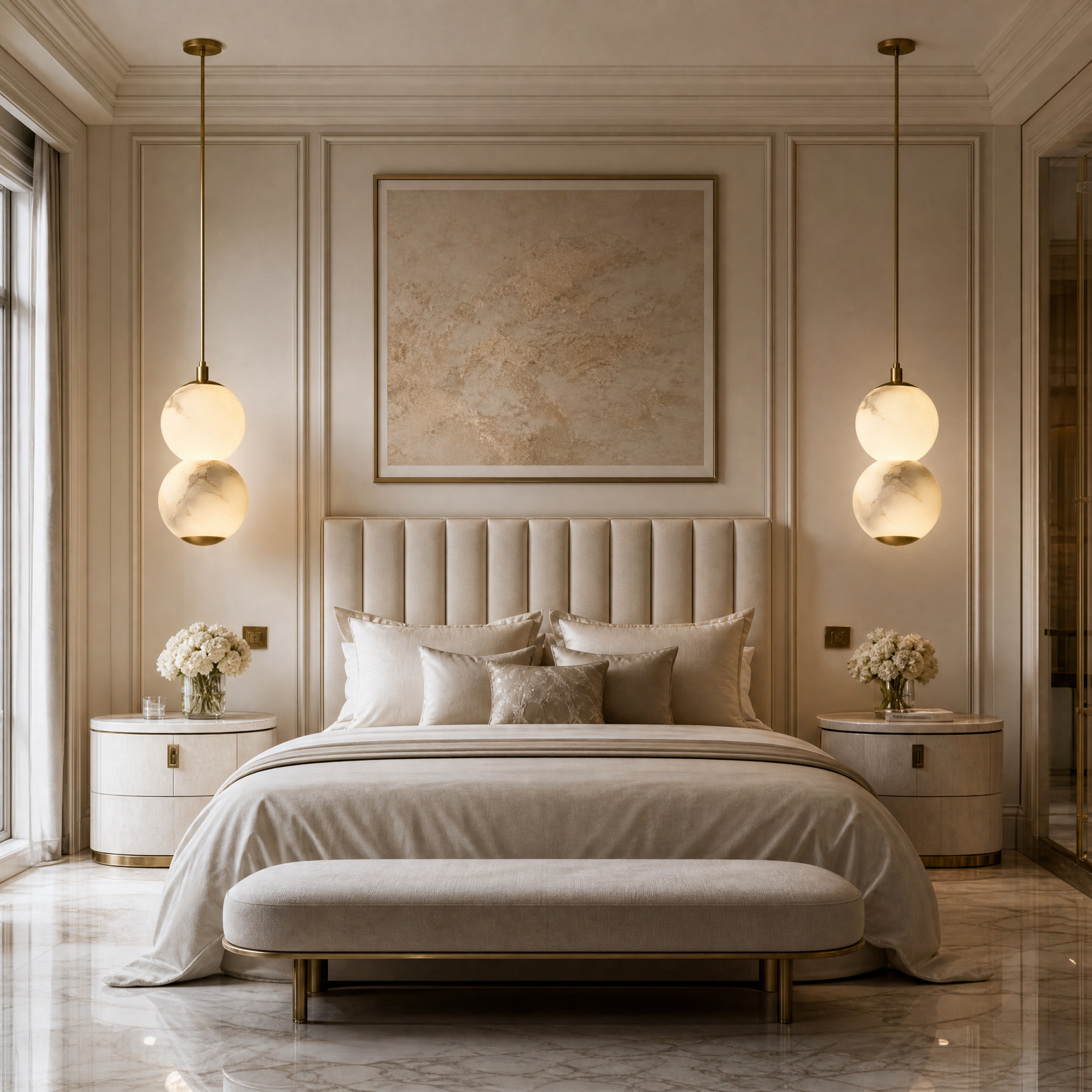 Thea Marble Pendant Light hanging in a luxury modern residential living room, casting a warm ambient glow over contemporary furniture.