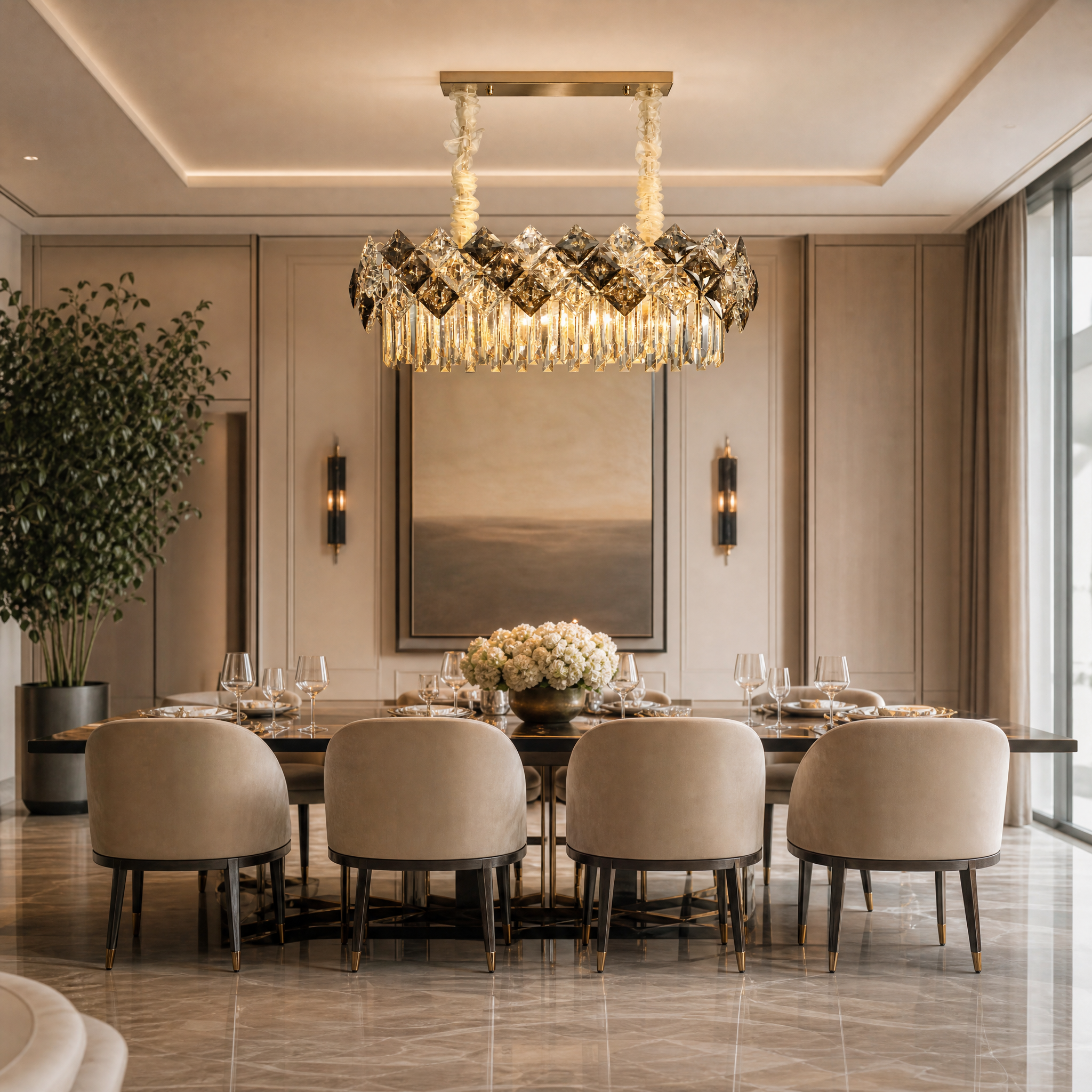 VORELLI Thirlmere Rectangular Chandelier II illuminating a luxury residential dining room with modern elegance.