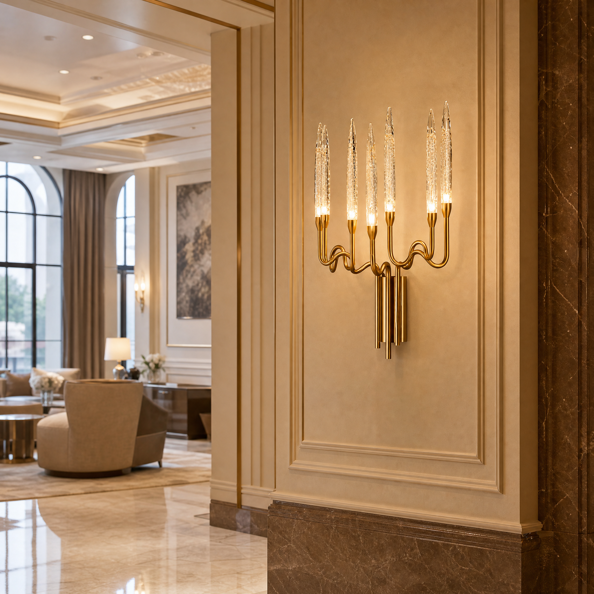Elegant hospitality lounge interior illuminated by the traditional style of VORELLI Tiddington crystal wall lights, enhancing the high-end boutique atmosphere.