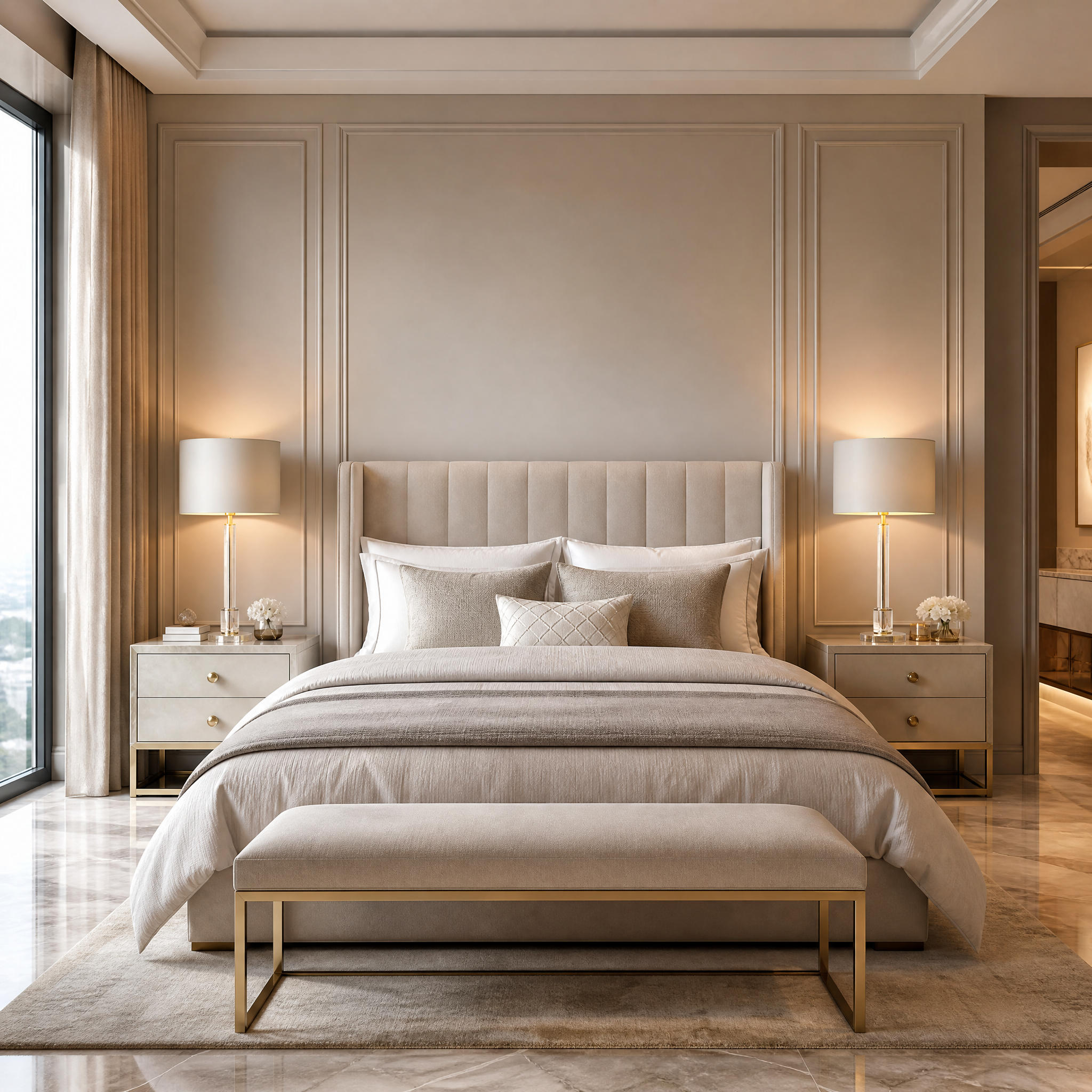 The Torello Crystal Brass Table Lamp by VORELLI casting a warm, soft ambient glow on a contemporary living room side table.