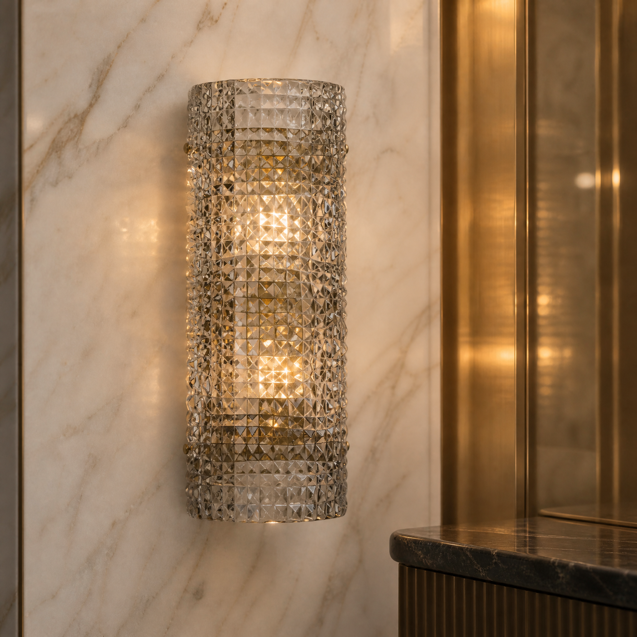 Close-up detail of the VORELLI Torinese wall light showcasing the rich texture of its smoked glass.