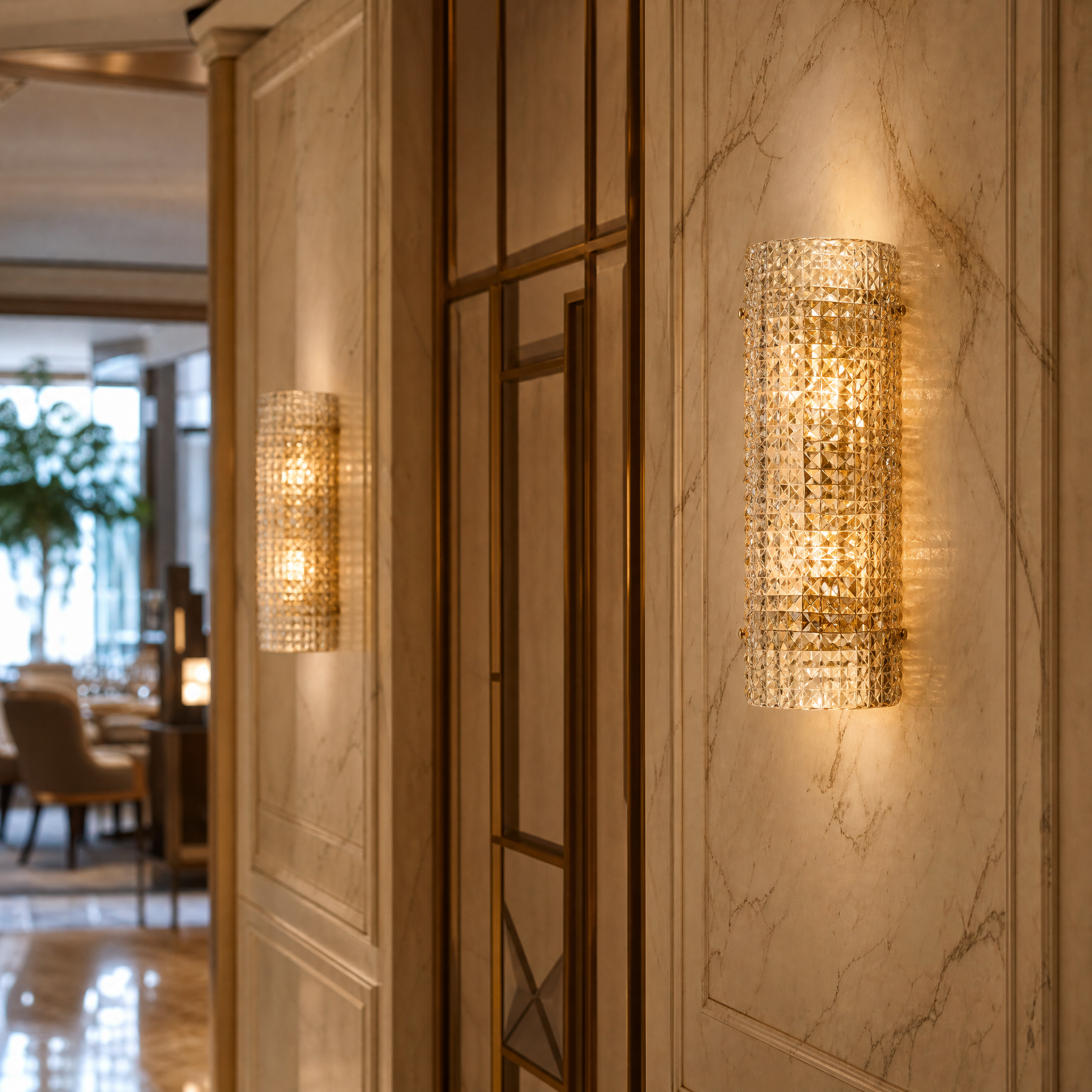 Atmospheric Torinese IP44 luxury wall lights installed in a high-end hospitality lounge setting.