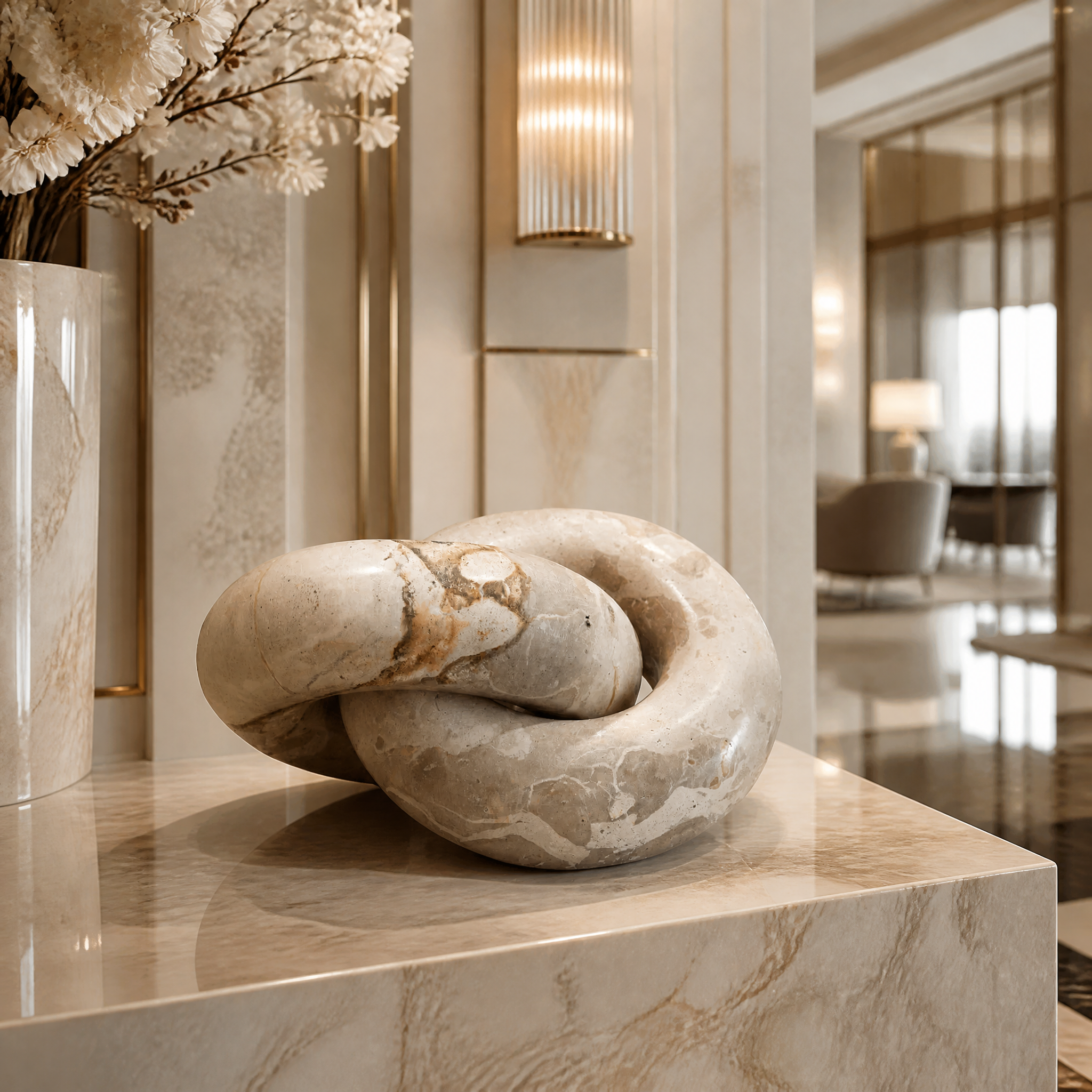 Contemporary VORELLI Torrino beige marble link decor accentuating a luxury hotel lobby console table with its subtle neutral veining.