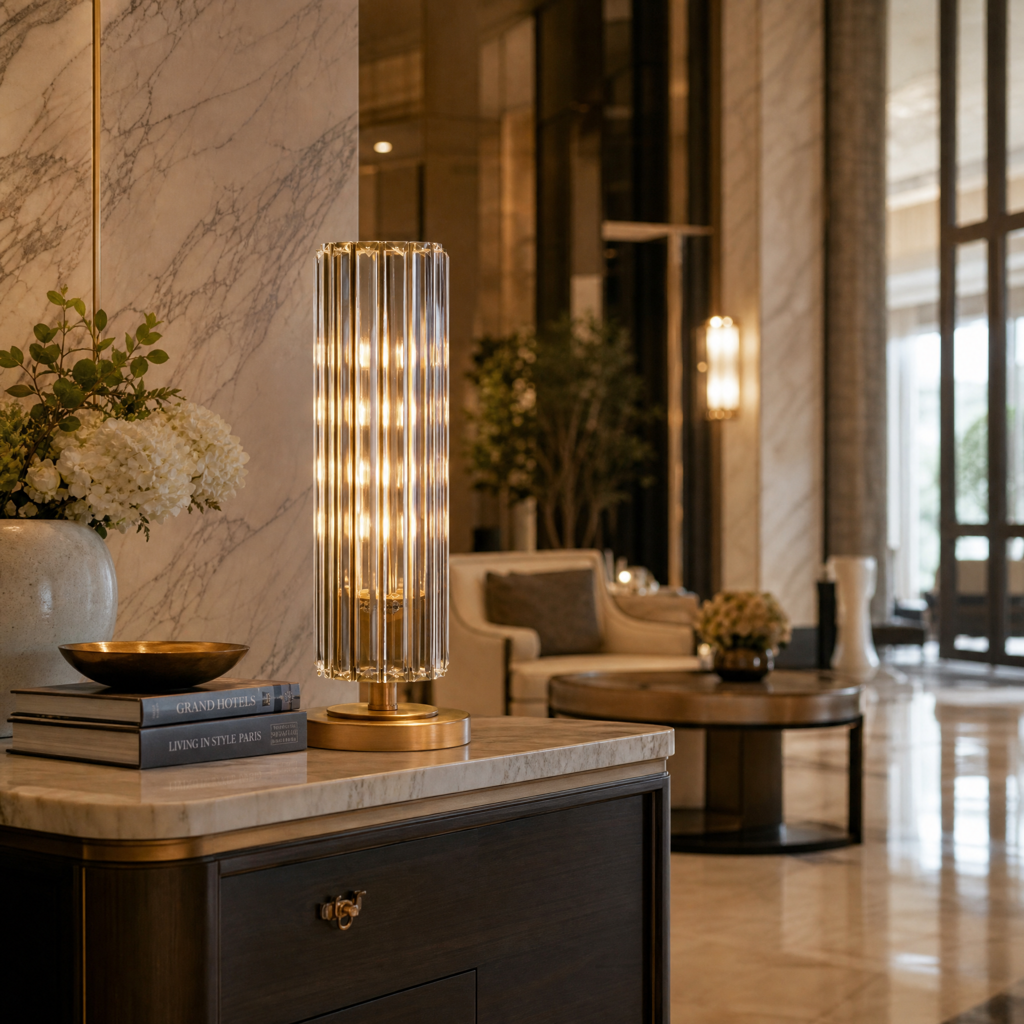 A sophisticated hospitality interior featuring the Torvane antique brass and crystal rod table lamp on a reception console.