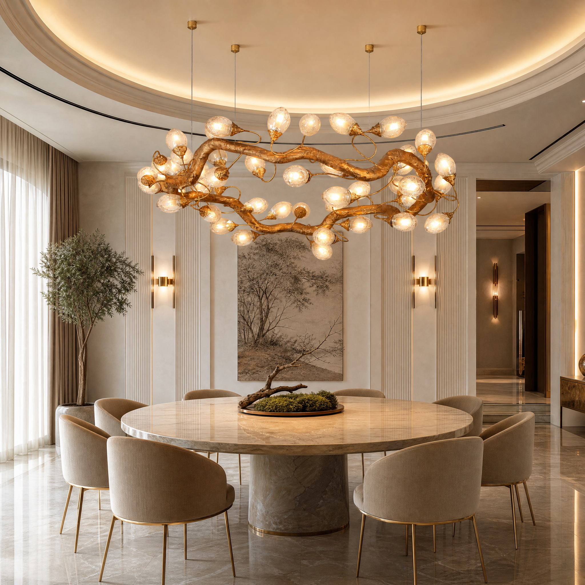 Tremezzo circular chandelier suspended over a modern luxury dining table creating an expressive sculptural statement
