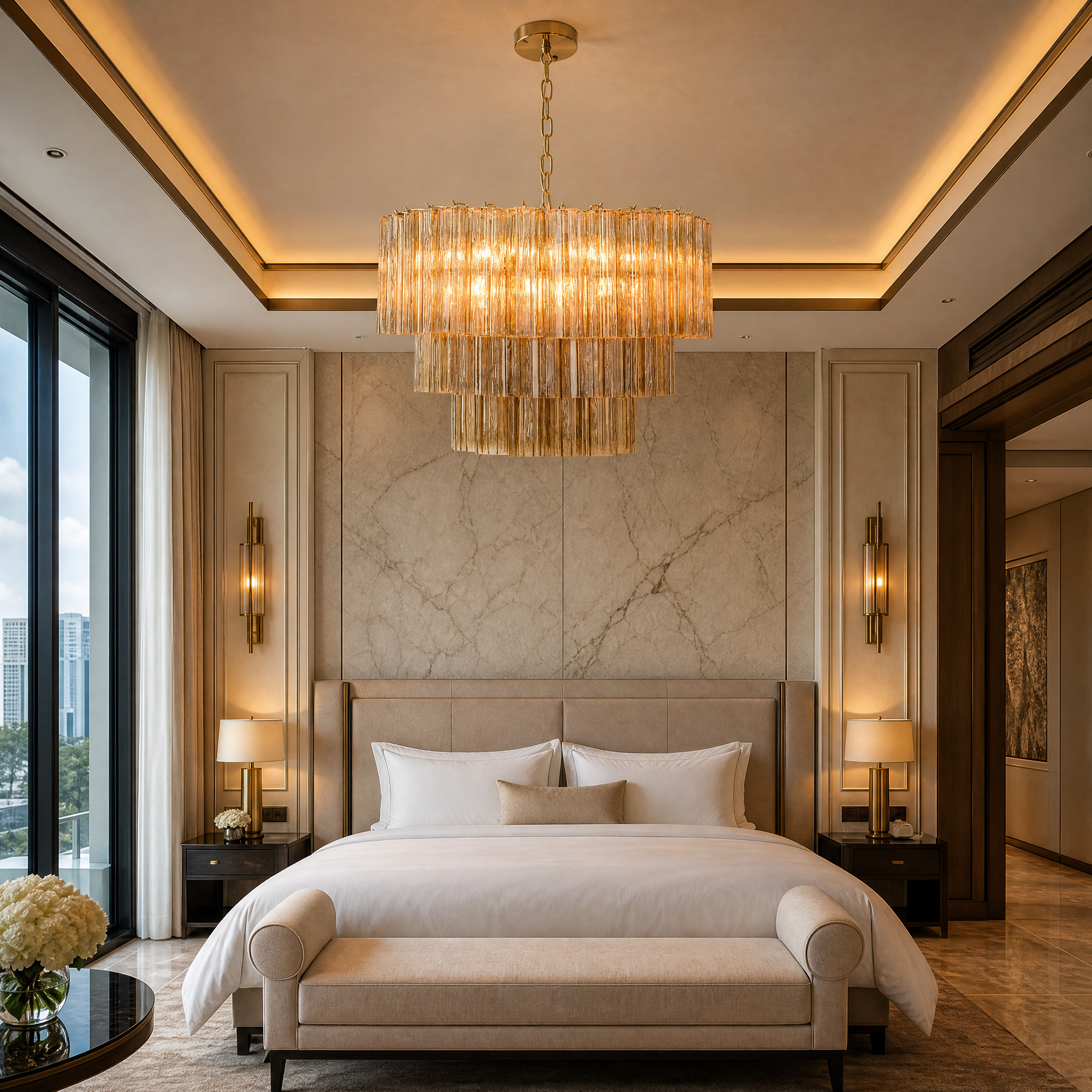 Grand multi-tier Trevisano fluted glass tube chandelier by VORELLI hanging in a high-end hospitality hotel lobby setting.