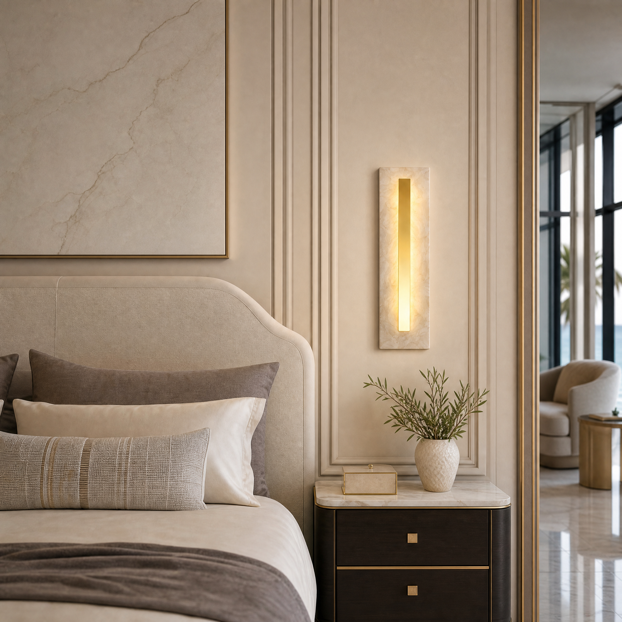 The VORELLI Treviso Marble Wall Light II mounted on a living room wall, showcasing its sharp rectangular design and recessed gold center in a modern residential setting.