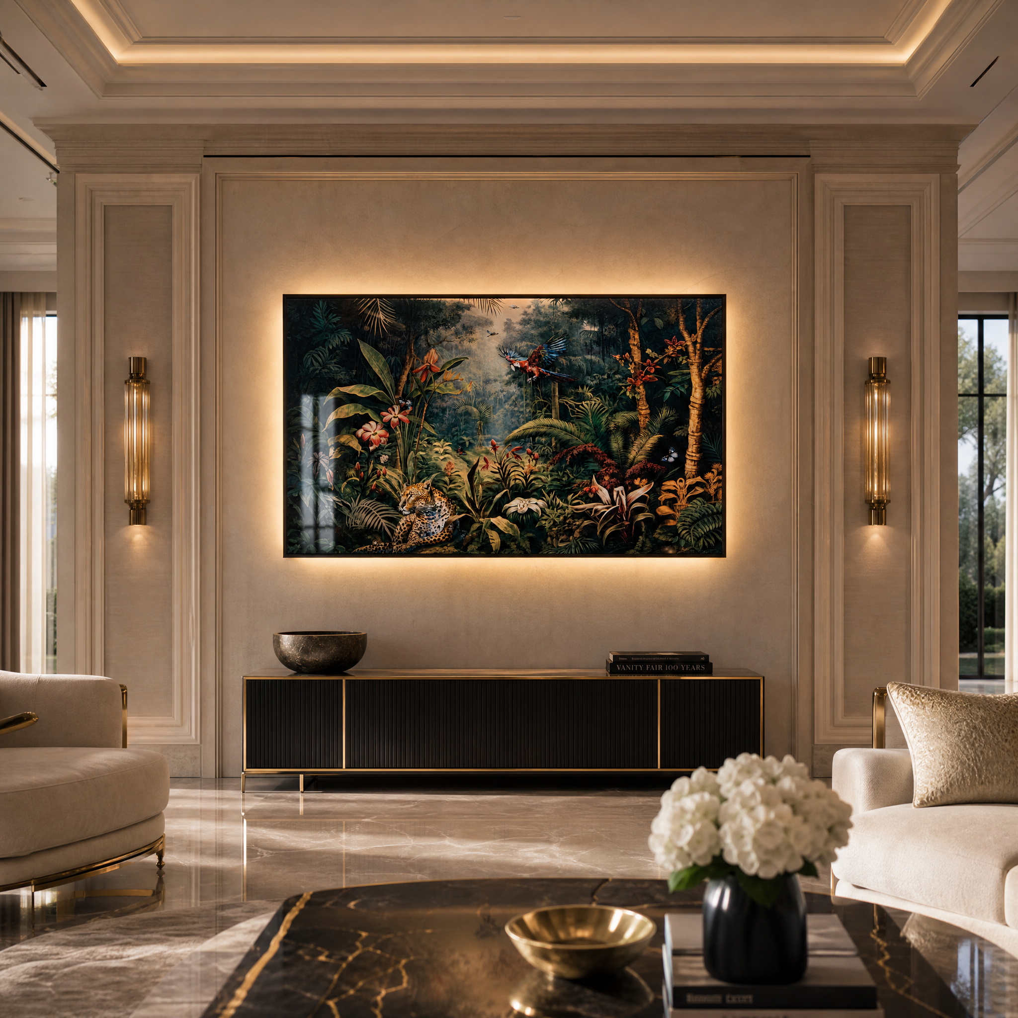 A luxurious living room featuring the Tropessa glass art canvas, showcasing vibrant jungle flora and a leopard on a high-definition wall display.
