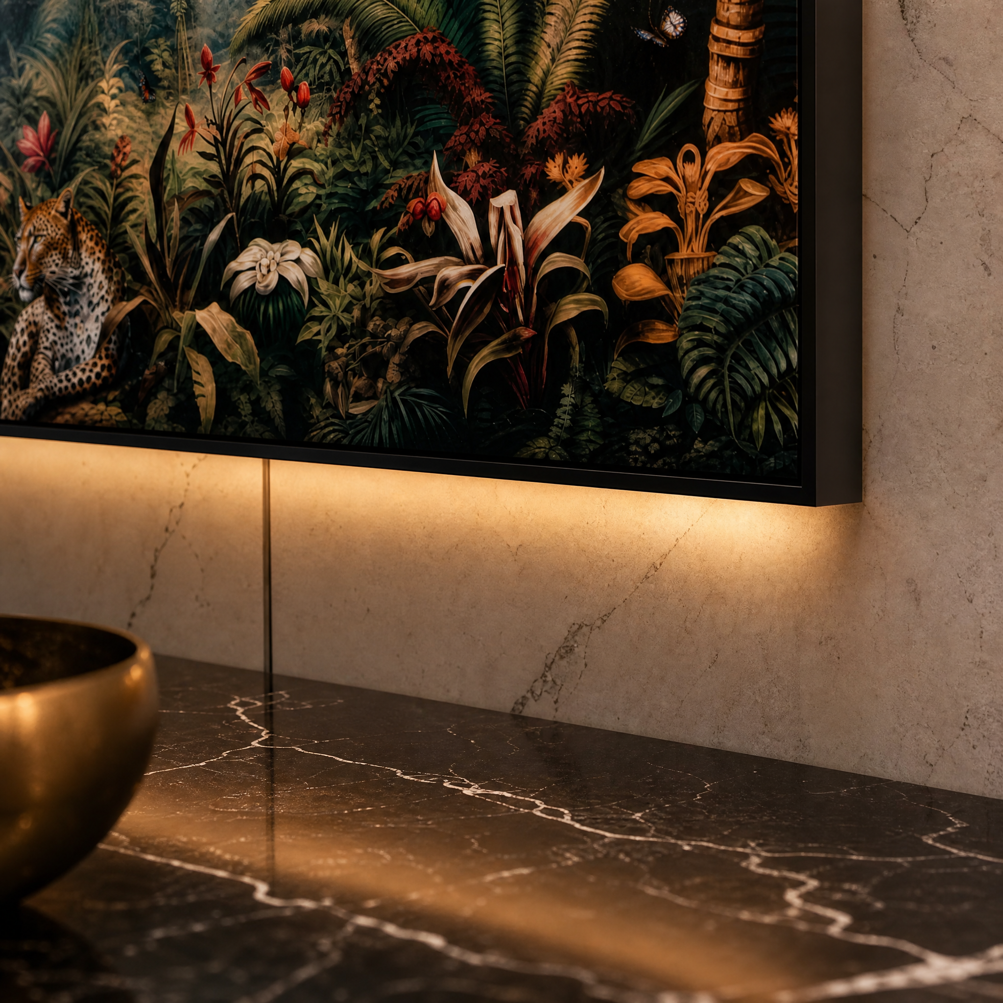 A detailed closeup of the Tropessa glass art canvas, highlighting the vivid colors of the exotic birds and the leopard's intricate features.