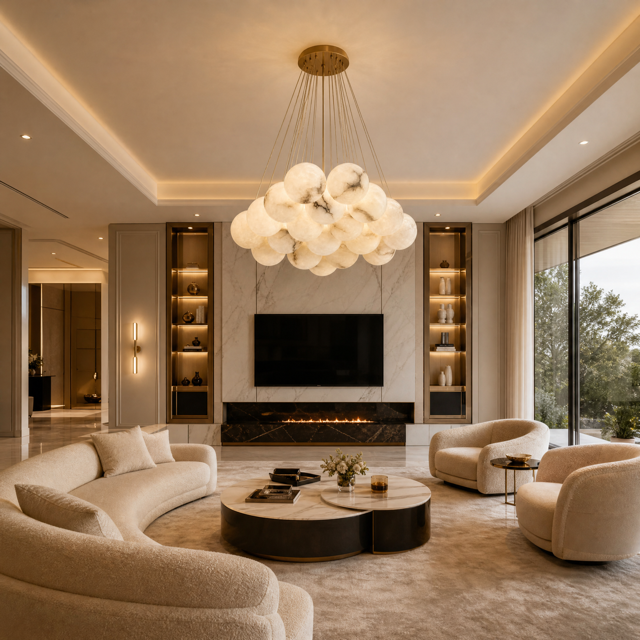 VORELLI Valcino circular chandelier with nineteen alabaster globes installed in a contemporary living room