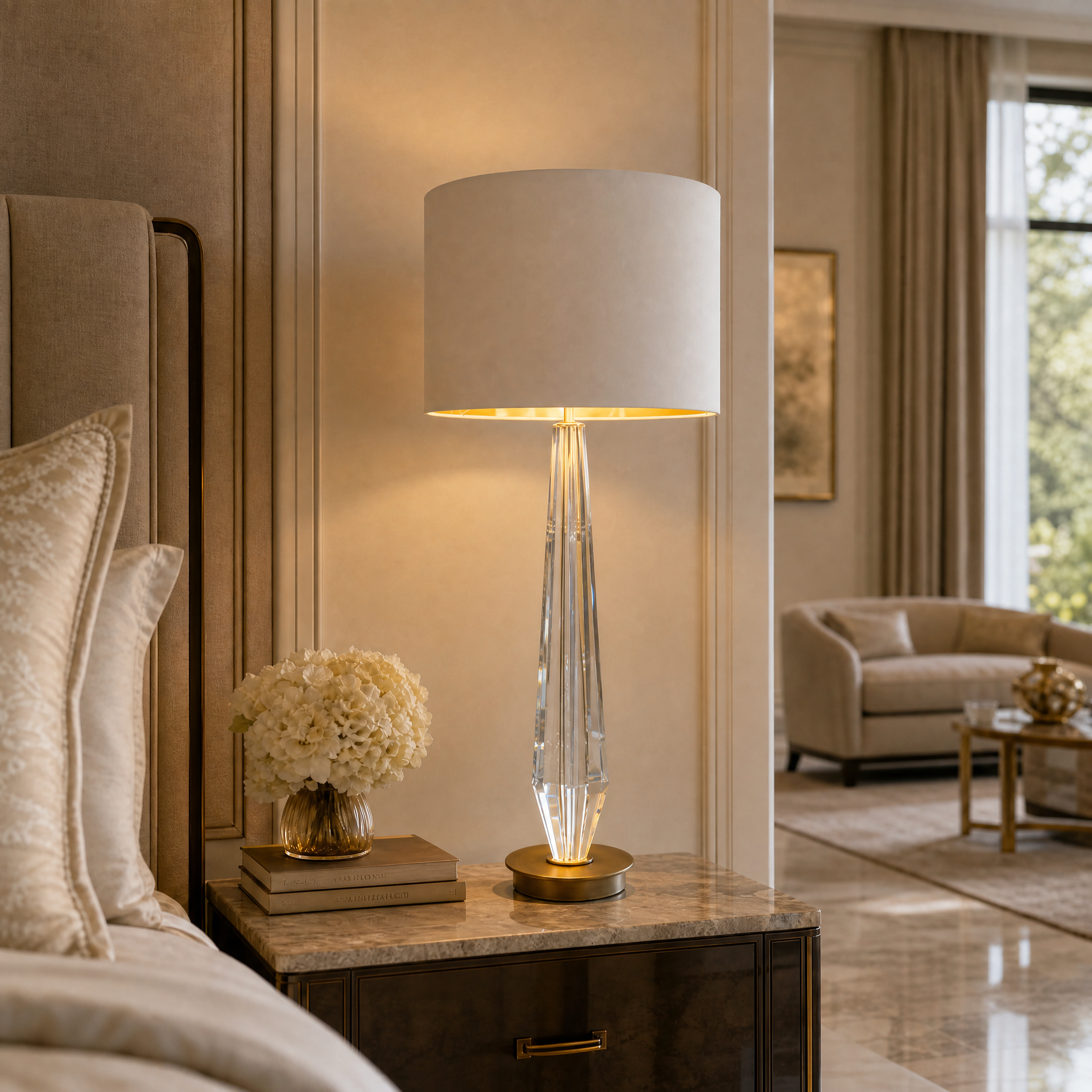 Valcren Crystal Table Lamp placed on a modern console table in a high-end residential interior.