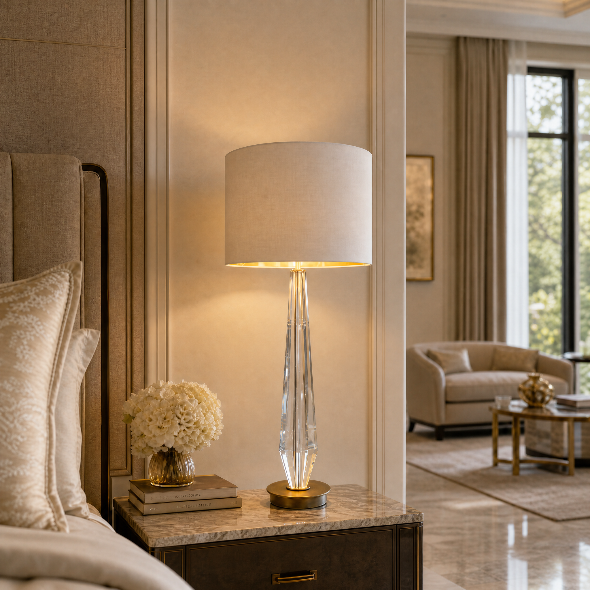 Elegant Valcren Crystal Table Lamp illuminating a bedside table in a luxury hospitality suite.