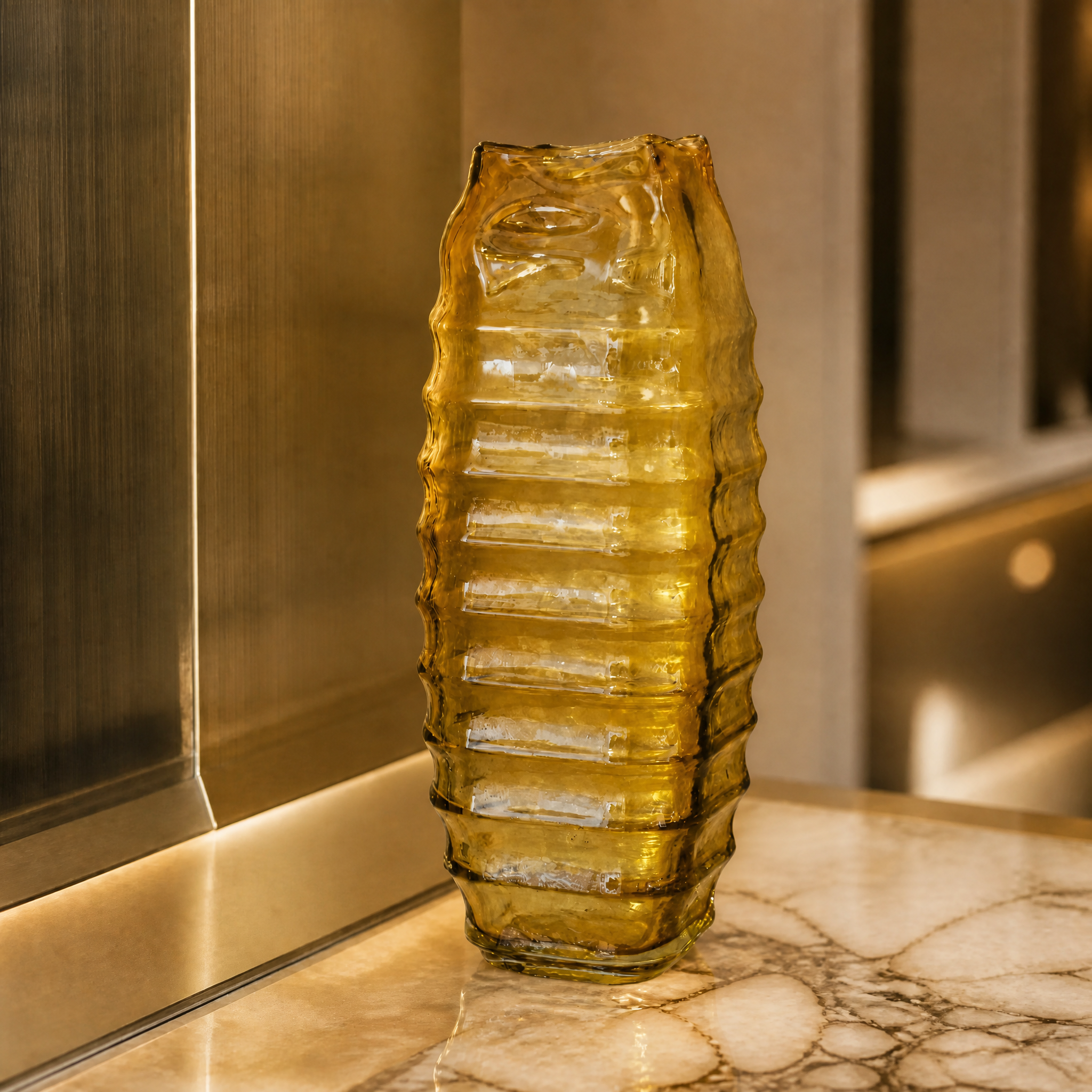 Detailed closeup of the ribbed glass texture and bold square base of the Valdese yellow vase highlighting craftsmanship.