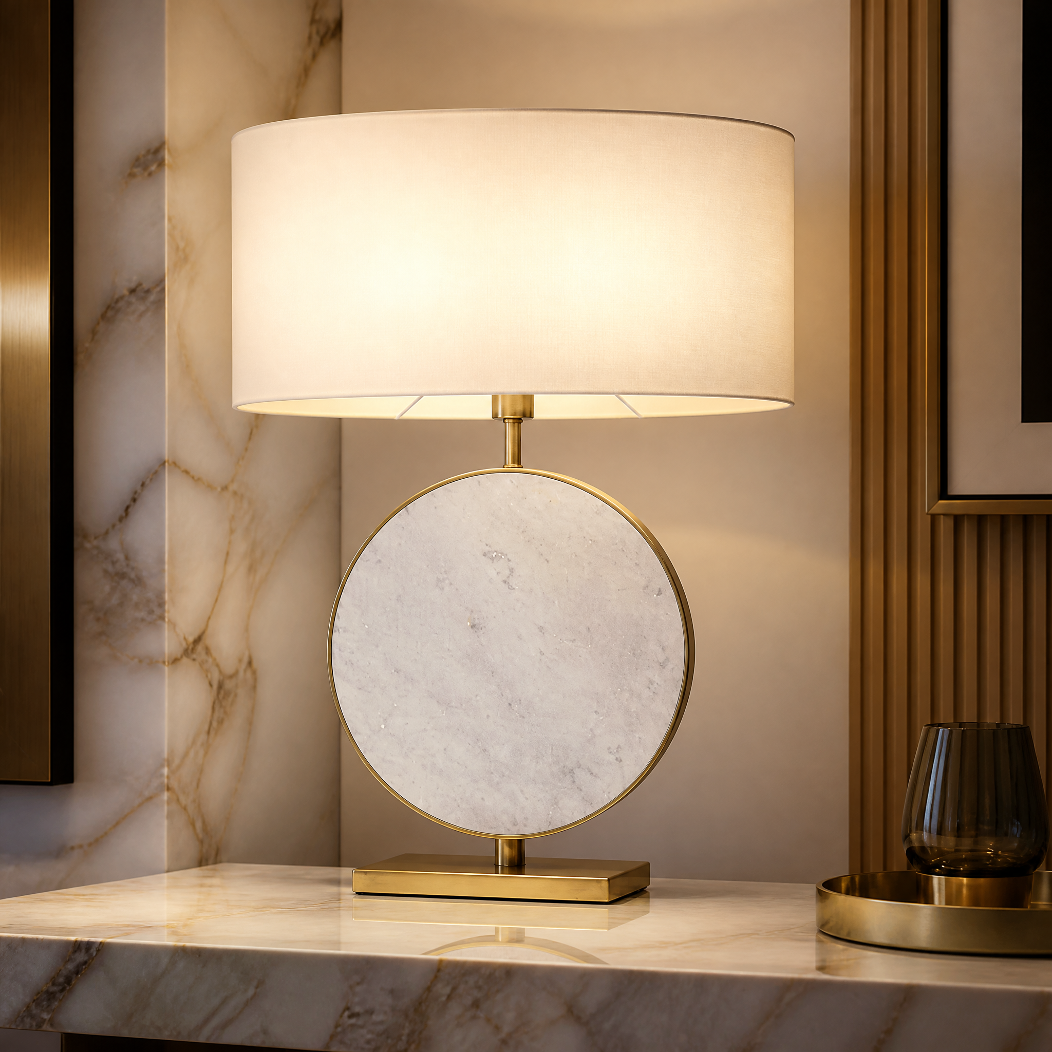 Close-up shot of the VORELLI Valdessa lamp, highlighting the natural grey veining in the white marble disc and the smooth antique brass finish.